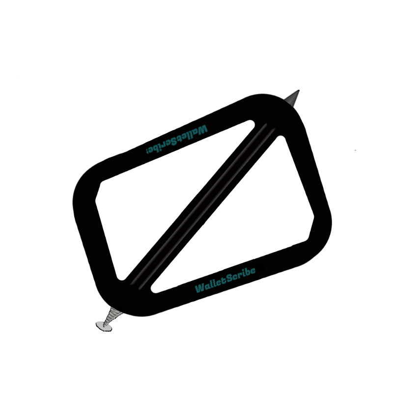 A black rectangular object with a diagonal line inside, labeled WalletScribe, with a screw at the bottom.