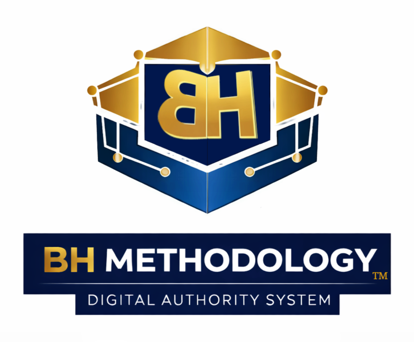 Logo featuring a blue and yellow 3D cube with the letters 'BH' in yellow, and the words 'BH Methodology' and 'Digital Authority System' below.