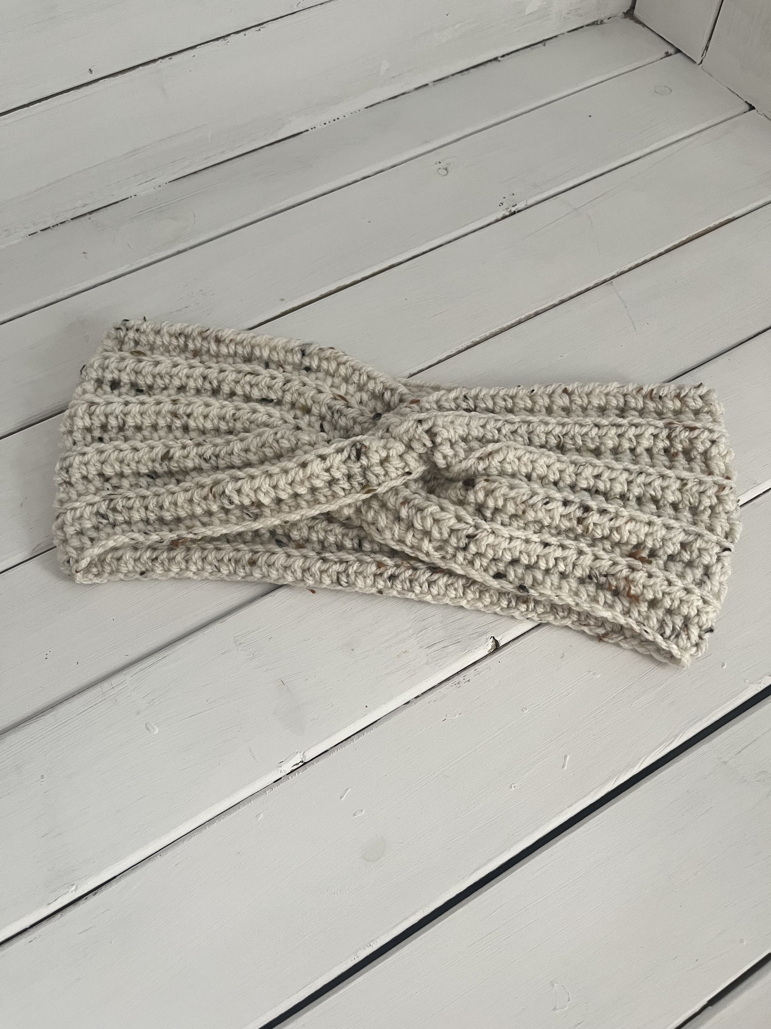 Crocheted Head Band/Ear Warmers - Cream with Brown Flecks