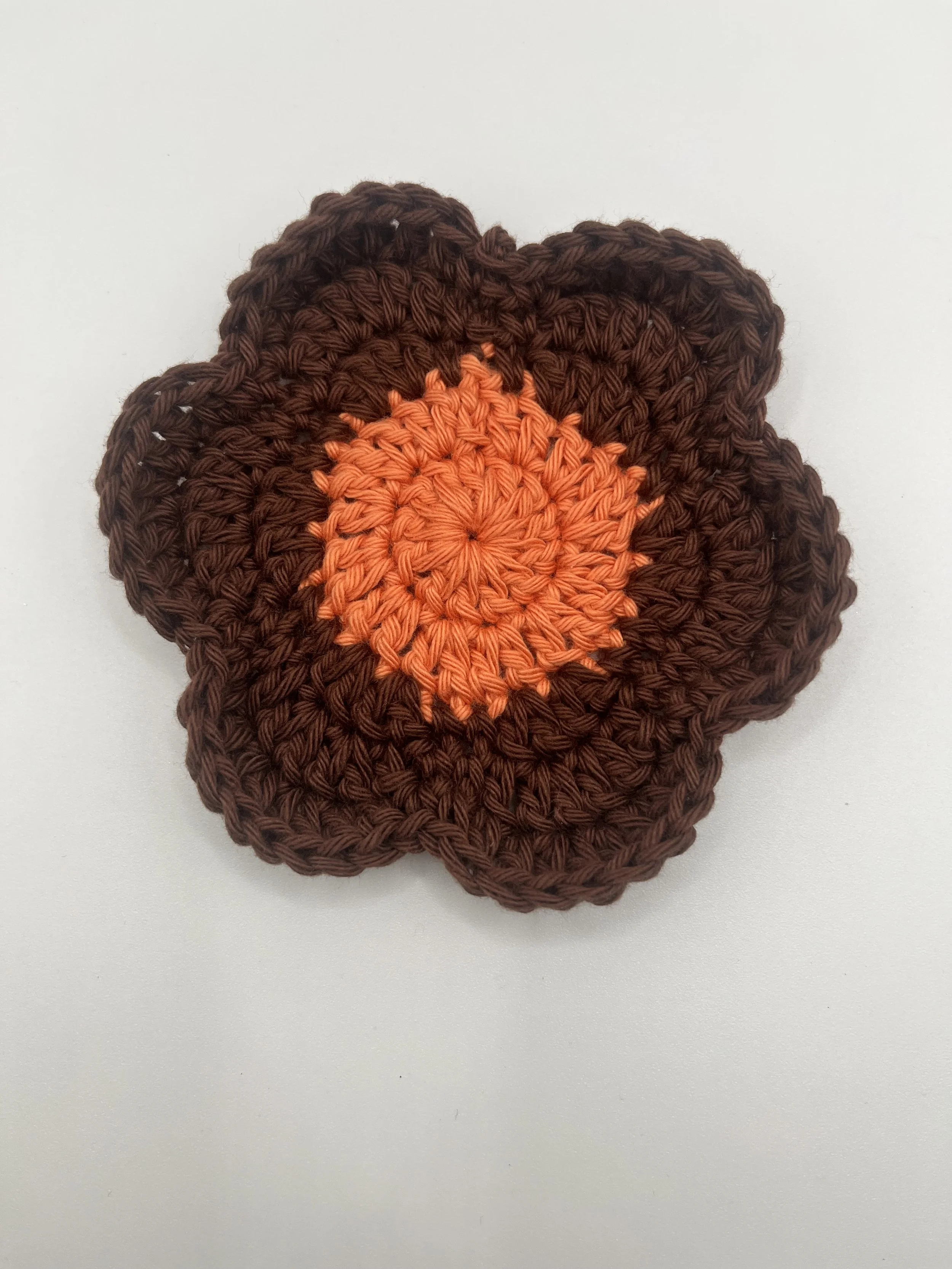 Crocheted Flower Coaster Orange Centre & Brown Petals