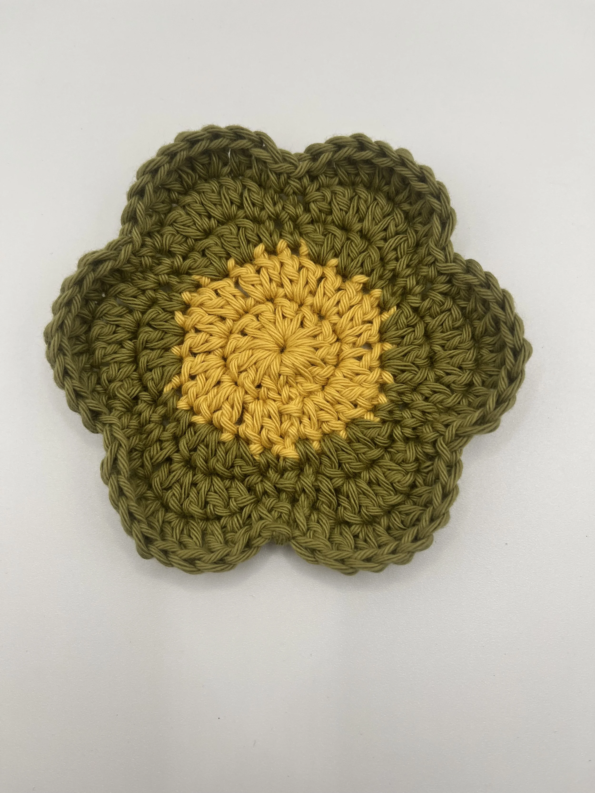 Crocheted Flower Coaster Mustard Centre & Olive Petals