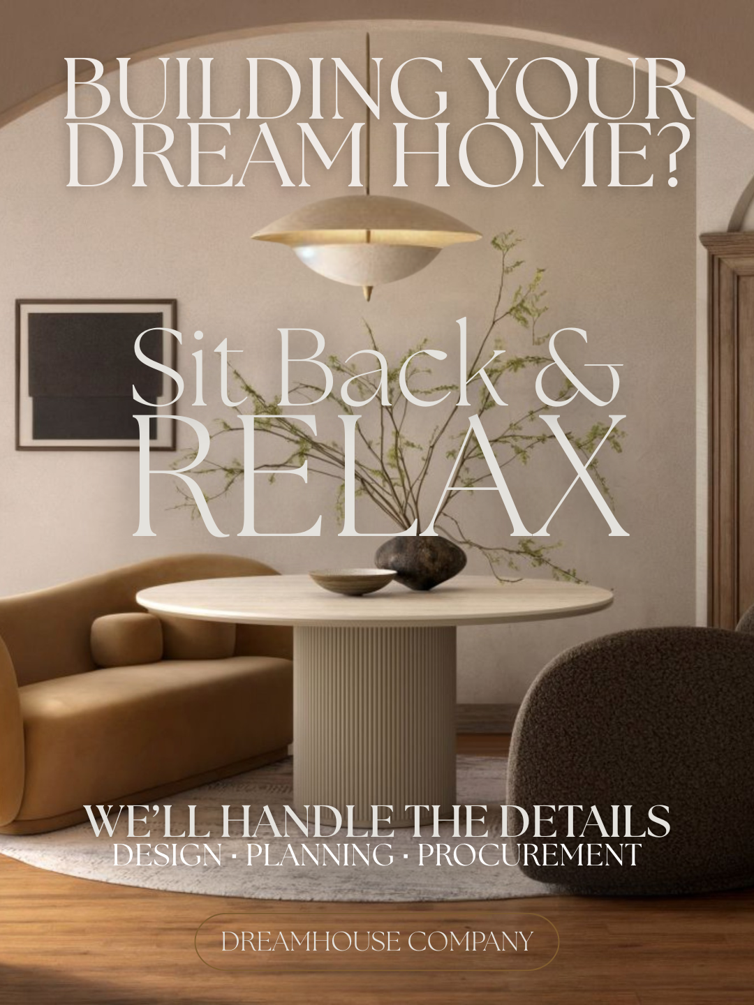 Interior of a modern living room with a beige sofa, oval wood dining table, a large decorative vase with branches, and wall art, promoting home design, decor, ff&e services.