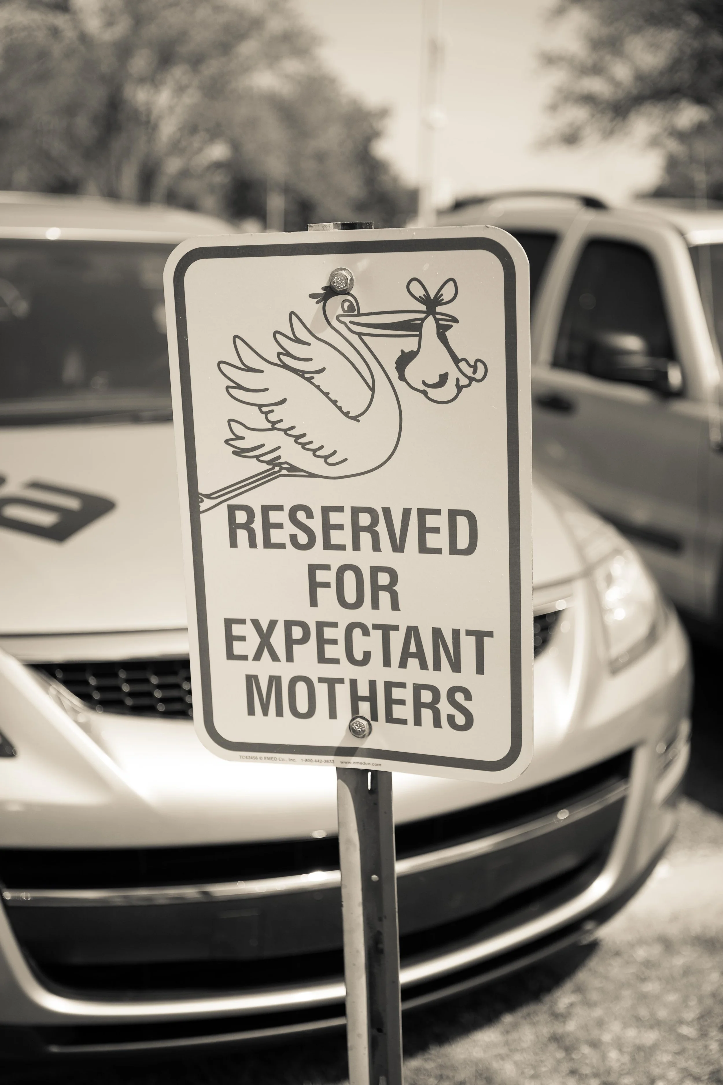 Parking sign with a cartoon of a flying stork carrying a newborn baby wrapped in a blanket, with the words 'Reserved for Expectant Mothers' underneath. The sign is in front of parked cars.