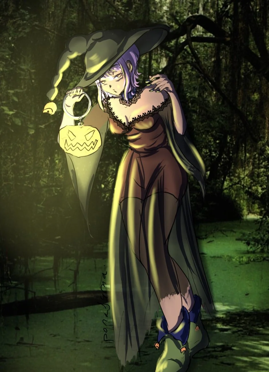 A digital painting of a witch in a green hat and dress. She is standing in a forest, holding a jack-o'-lantern. The witch has purple hair and pale skin. She is wearing a black corset and a long skirt. The jack-o'-lantern is lit by a candle. The witch