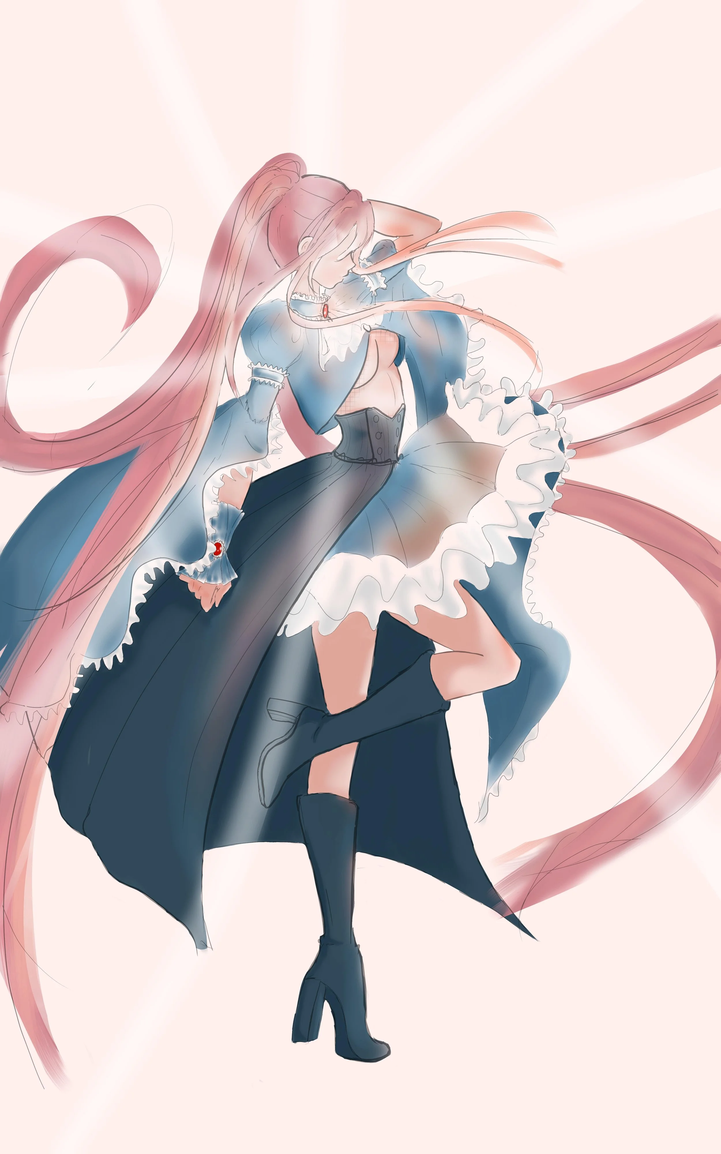 The picture shows a young woman with long pink hair and blue eyes. She is wearing a long blue dress with a white corset and black boots. She is standing in a graceful pose, with her right leg extended and her arms outstretched. Her hair is flowing in