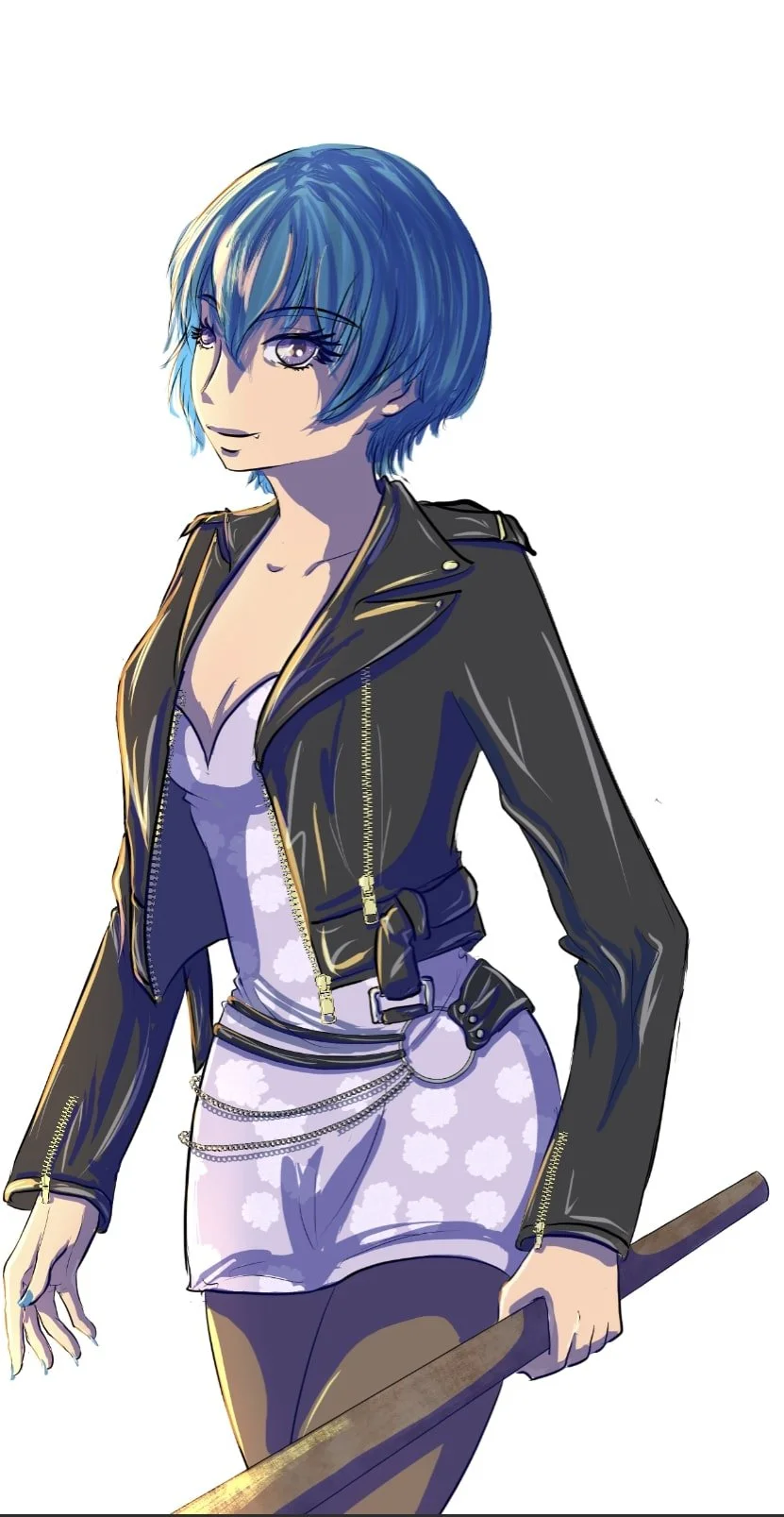 A young woman with blue hair is shown in the image. She is wearing a black leather jacket, a purple dress, and a chain belt. She is also holding a baseball bat. The woman is standing in a confident pose, and she has a determined expression on her fac