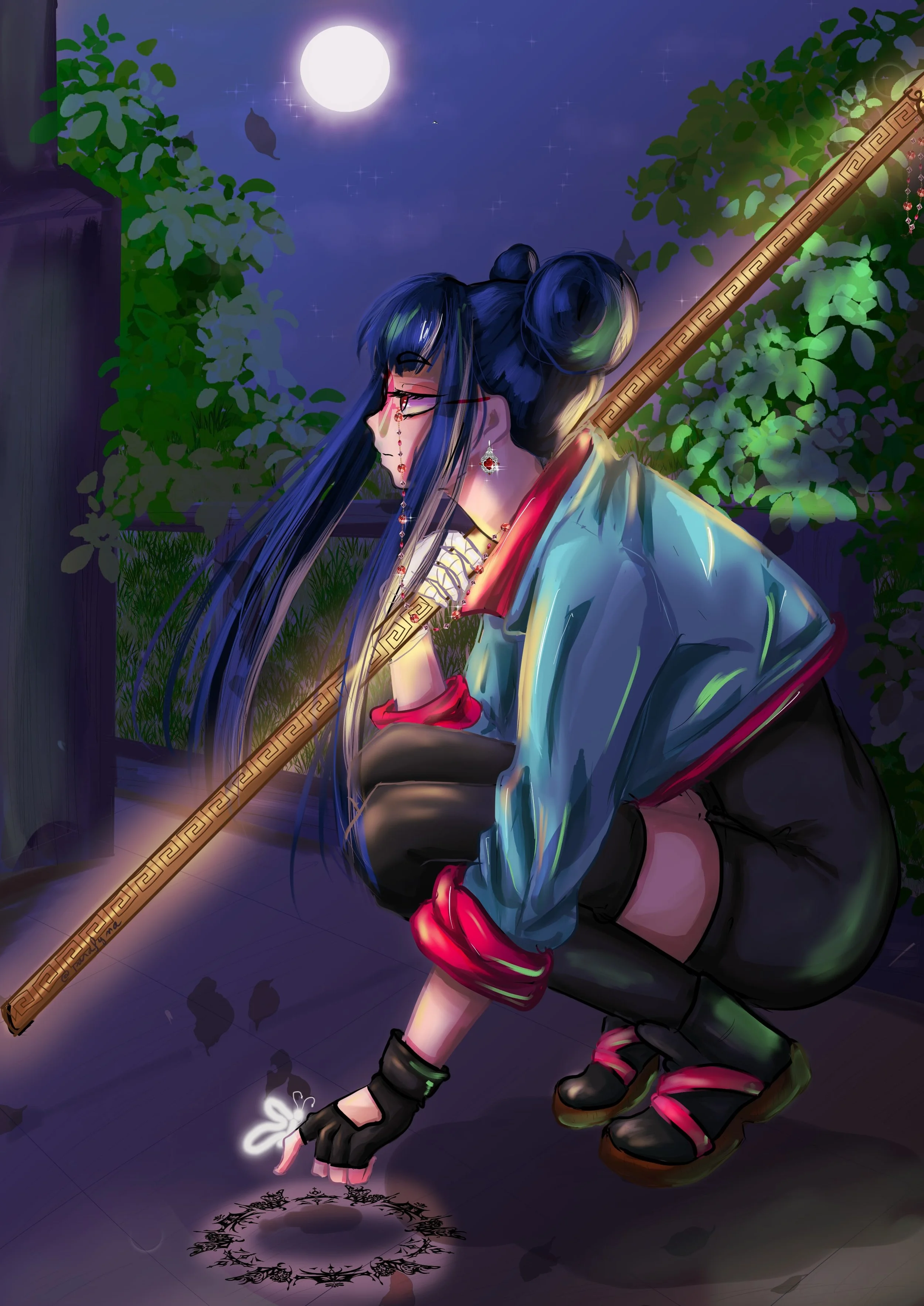 A young woman in a blue jacket and red shorts is crouching on the ground. She has a long blue hair and purple eyes. She is holding a golden  staff in her right hand and a butterfly is perched on her left hand. The background is a night sky with a ful