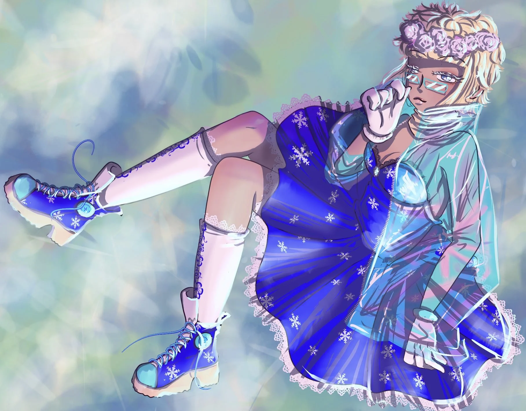 The image shows a girl wearing a blue dress with a white snowflake pattern. She is also wearing white boots, a white scarf, and a white hat with pink flowers. she is wearing a transparent jacket ,She has blond hair and blue eyes. She is sitting on a 