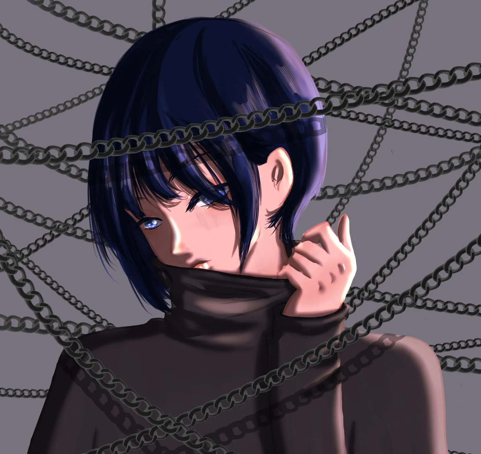 A boy with short blue hair is standing in front of a gray background. he is wearing a black turtleneck sweater. Chains are wrapped around his body. he is looking at the viewer with a serious expression.