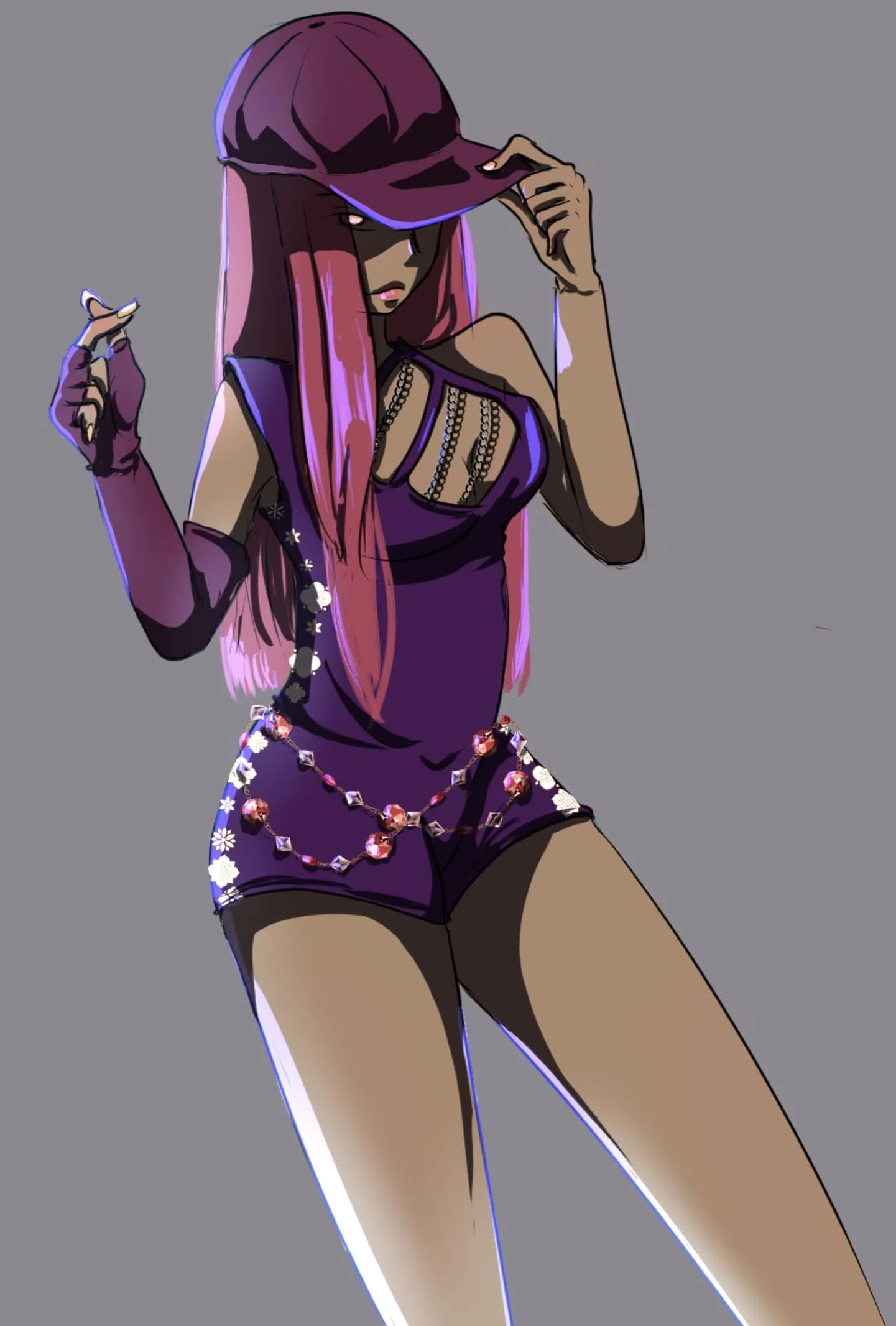 A digital painting of a woman wearing a purple hat, a purple outfit, and a lot of jewelry.  she is wearing a purple hat She has long pink hair and dark skin. She is looking at the viewer with a serious expression
pop star