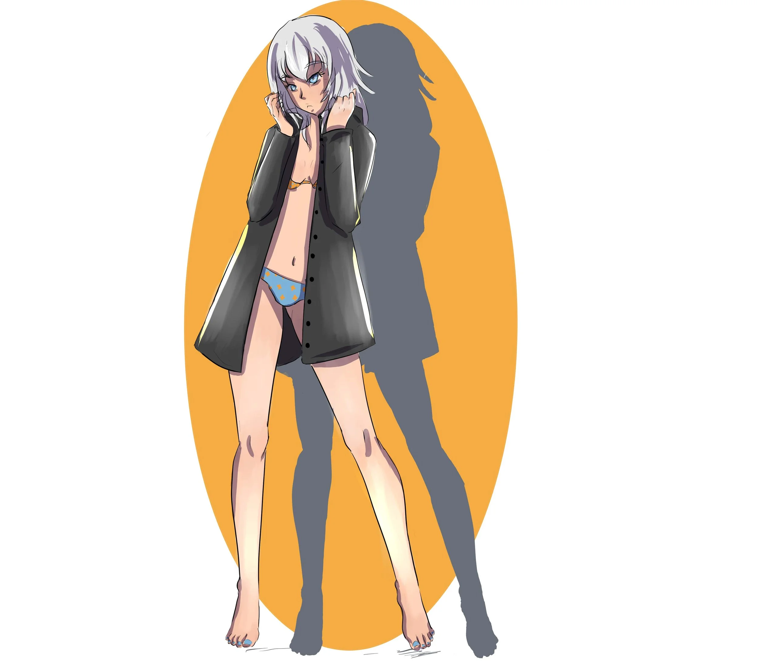 The image depicts a young woman standing in front of a white background. She is wearing a black button-up shirt, which is partially unbuttoned, revealing a blue bikini bottom underneath. The woman has short white hair and blue eyes. She is looking at