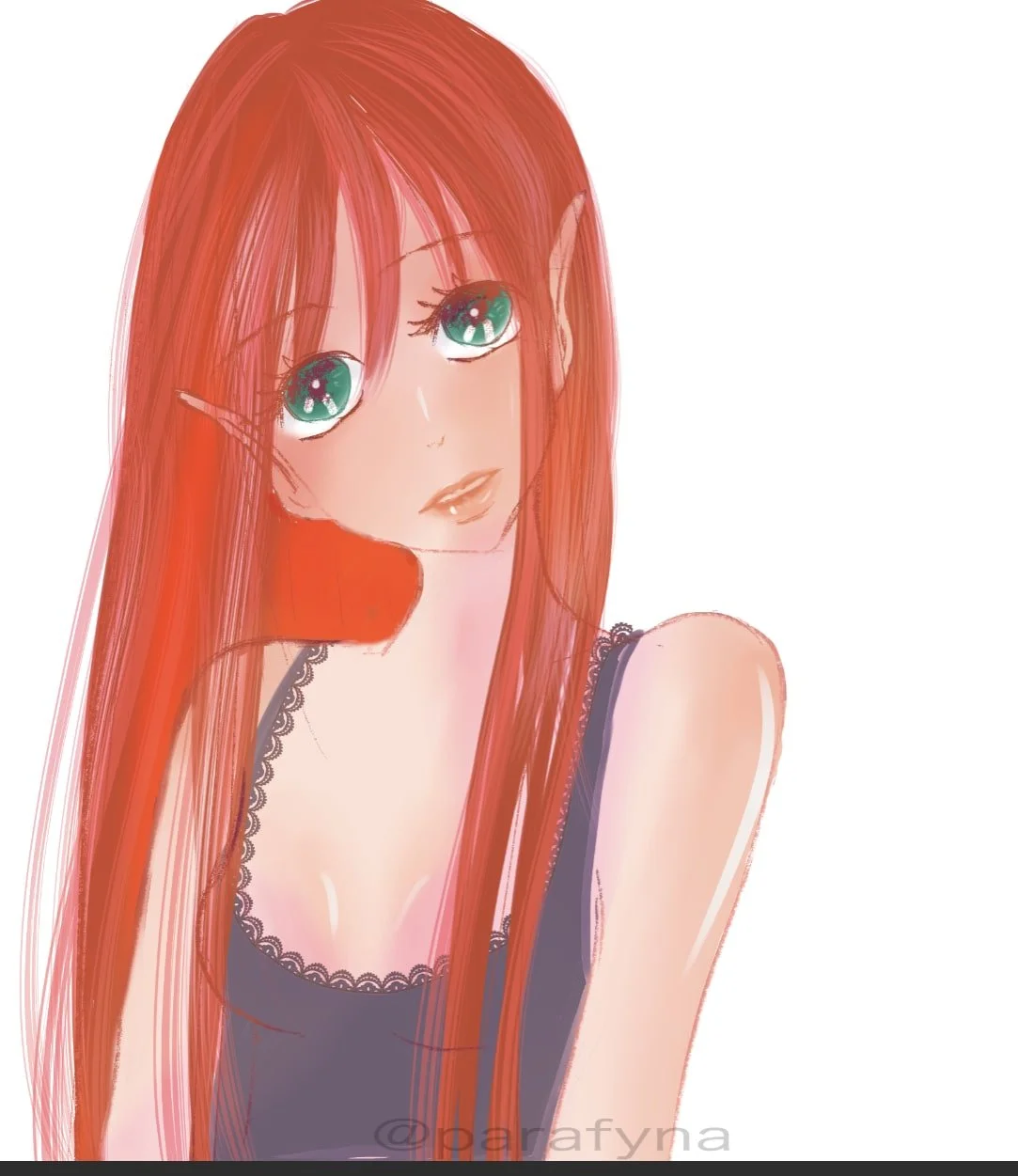 The image is a digital painting of a woman with long red hair and green eyes. She is wearing a black lace camisole and has a gentle smile on her face. The background is a soft white, and the overall effect of the image is one of peace and tranquility