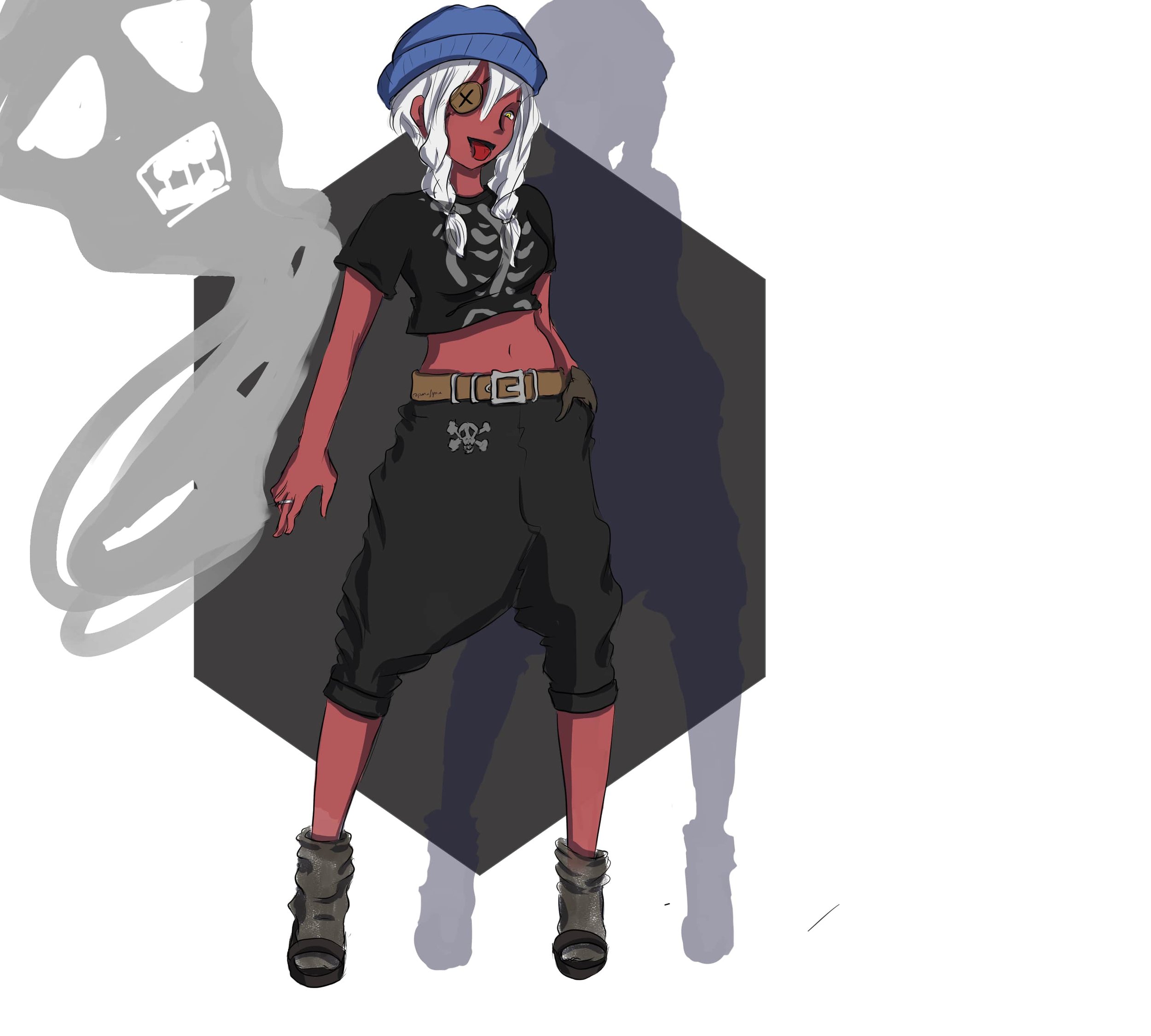 A digital illustration of a female character with red skin, white hair, and a blue beanie. She is wearing a black crop top, black pants, and brown boots. She has a skull tattoo on her left eye and a skull belt buckle. She is standing in a confident p