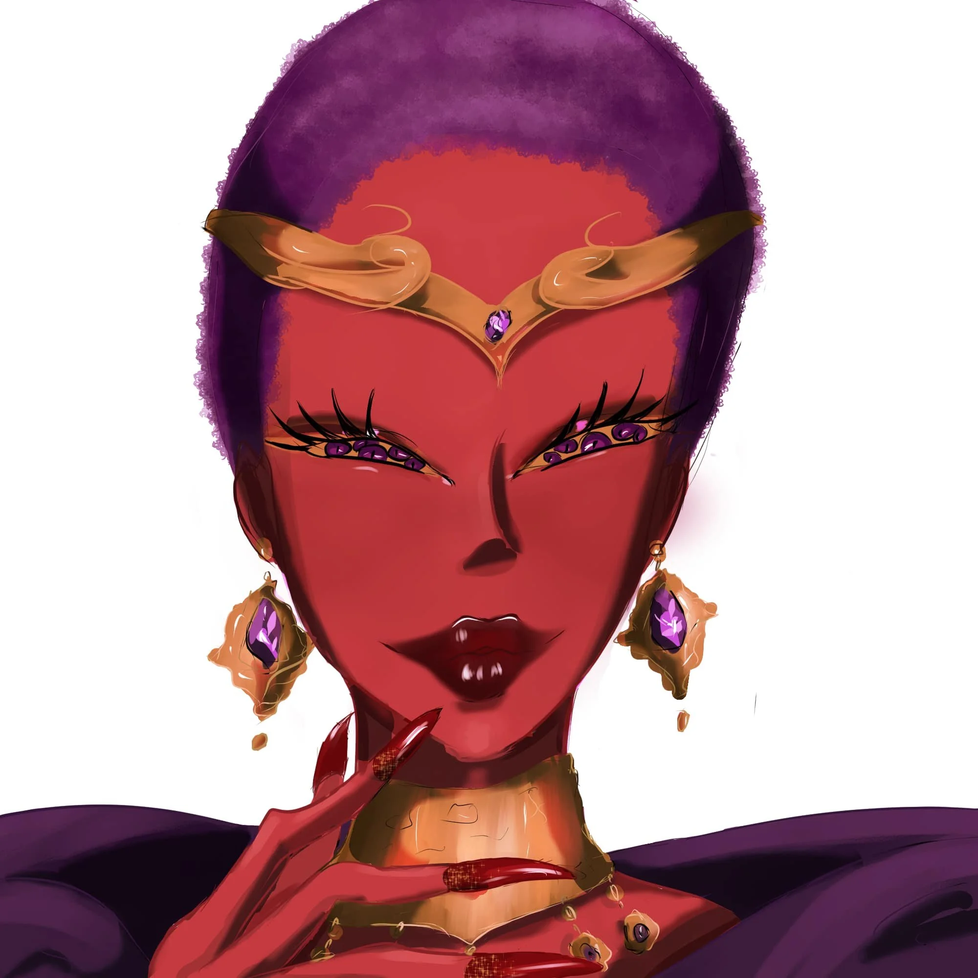 This is an image of a woman with red skin, purple hair, and gold jewelry. She is wearing a purple dress with a high collar. Her eyes are purple and have many  irises.
the demon queen