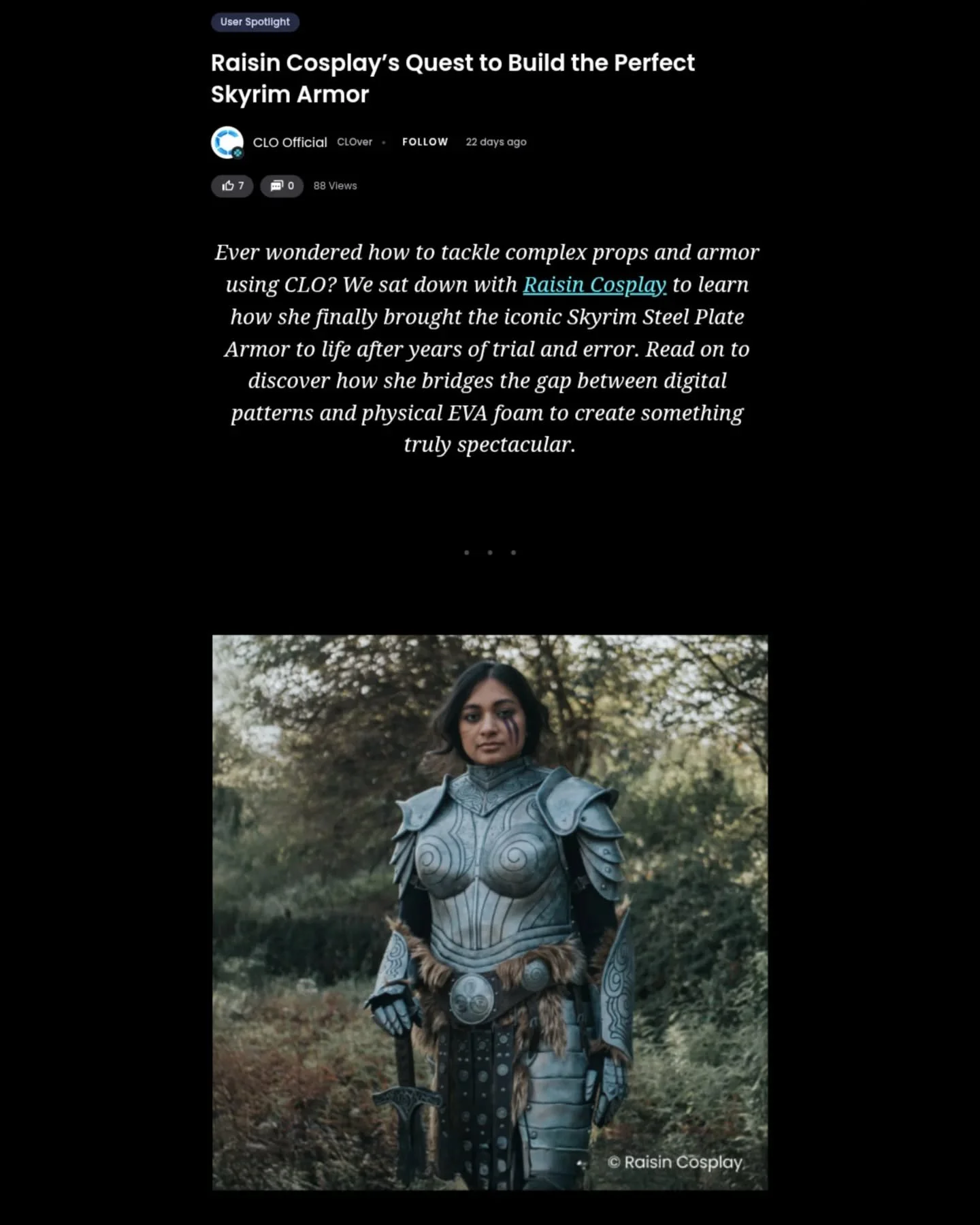 First post of 2026! Kicking it off with an achievement from the previous year. If you missed it, the lovely team over at @itsclo3d featured me in a spotlight article! I talked about using CLO, some of the process for creating my Skyrim armor, and the