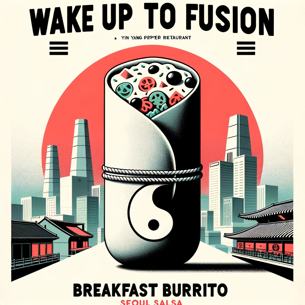 DALL·E 2024-01-02 21.57.33 - Artistic rendition of a breakfast burrito with a minimalistic backdrop of Seoul Salsa restaurant during dawn. Emphasize the words 'Wake Up to Fusion' .png