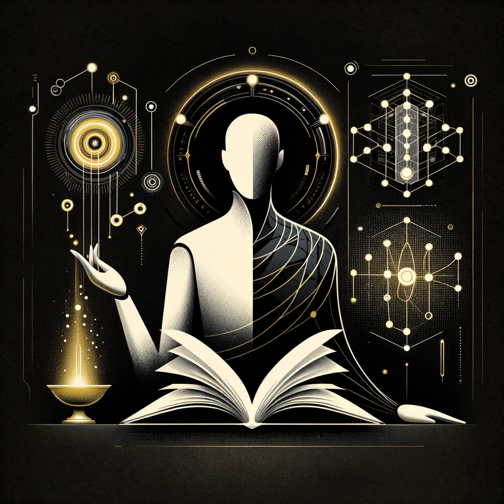 DALL·E 2024-01-02 22.31.22 - A minimalist depiction of an AI as a digital alchemist for Integraite Academy, using black, white, and gold colors. The image features a sleek, abstra.png