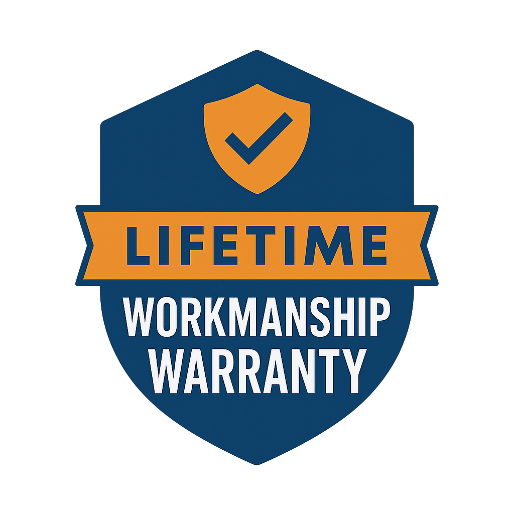 A badge with a shield shape, a checkmark inside a small shield at the top, and text that reads 'LIFETIME WORKMANSHIP WARRANTY' in capital letters.