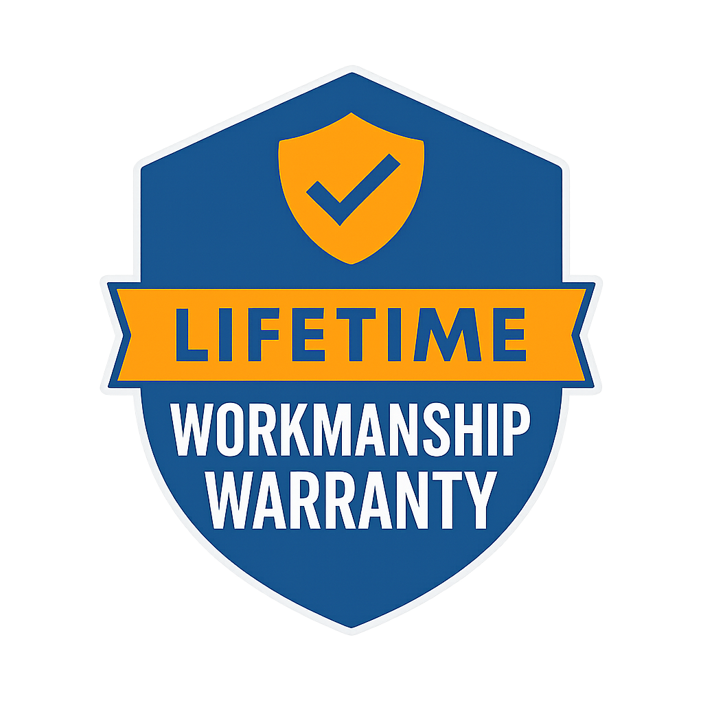 A badge with a blue shield, a yellow check mark shield at the top, and text that says "LIFETIME WORKMANSHIP WARRANTY".