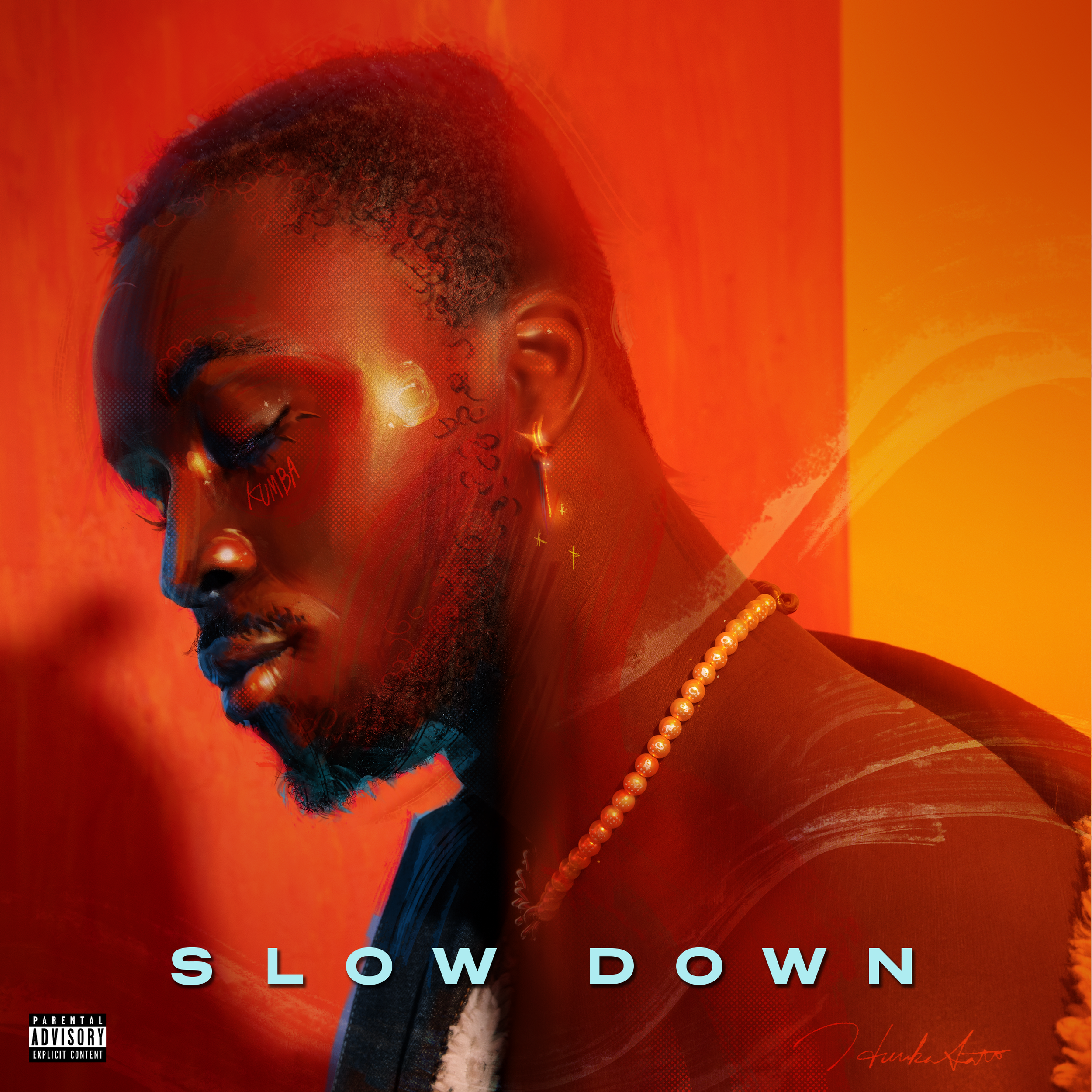 Album cover featuring a side profile of a man with short hair and a beard, with his eyes closed. The background is a vibrant red and orange gradient. The words "SLOW DOWN" are displayed at the bottom in light blue capital letters, with a parental adv