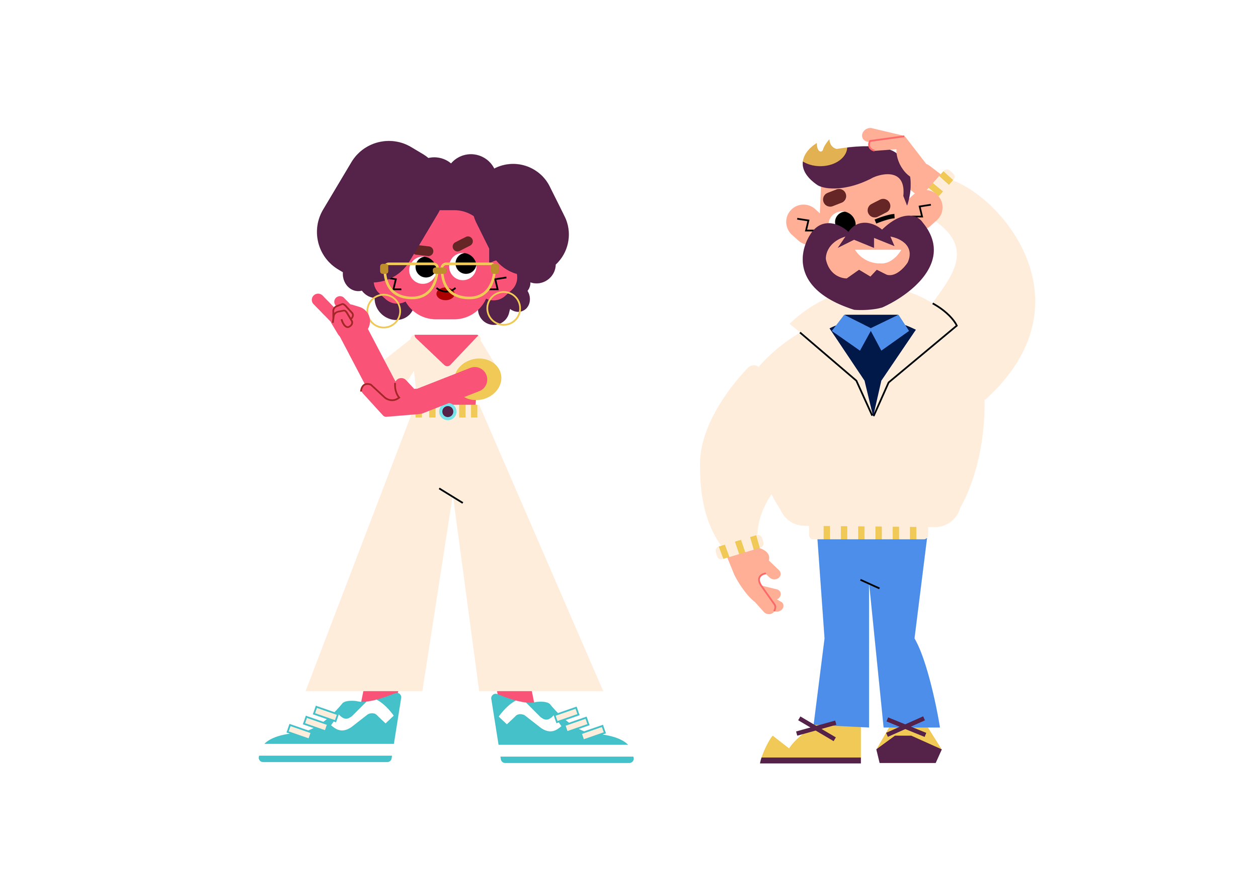 Cartoon illustration of a woman with curly purple hair, glasses, large gold hoop earrings, and a white outfits with beige wide-leg pants, wearing sneakers. She is standing with her arms crossed and pointing upward with her right hand. Next to her, a 
