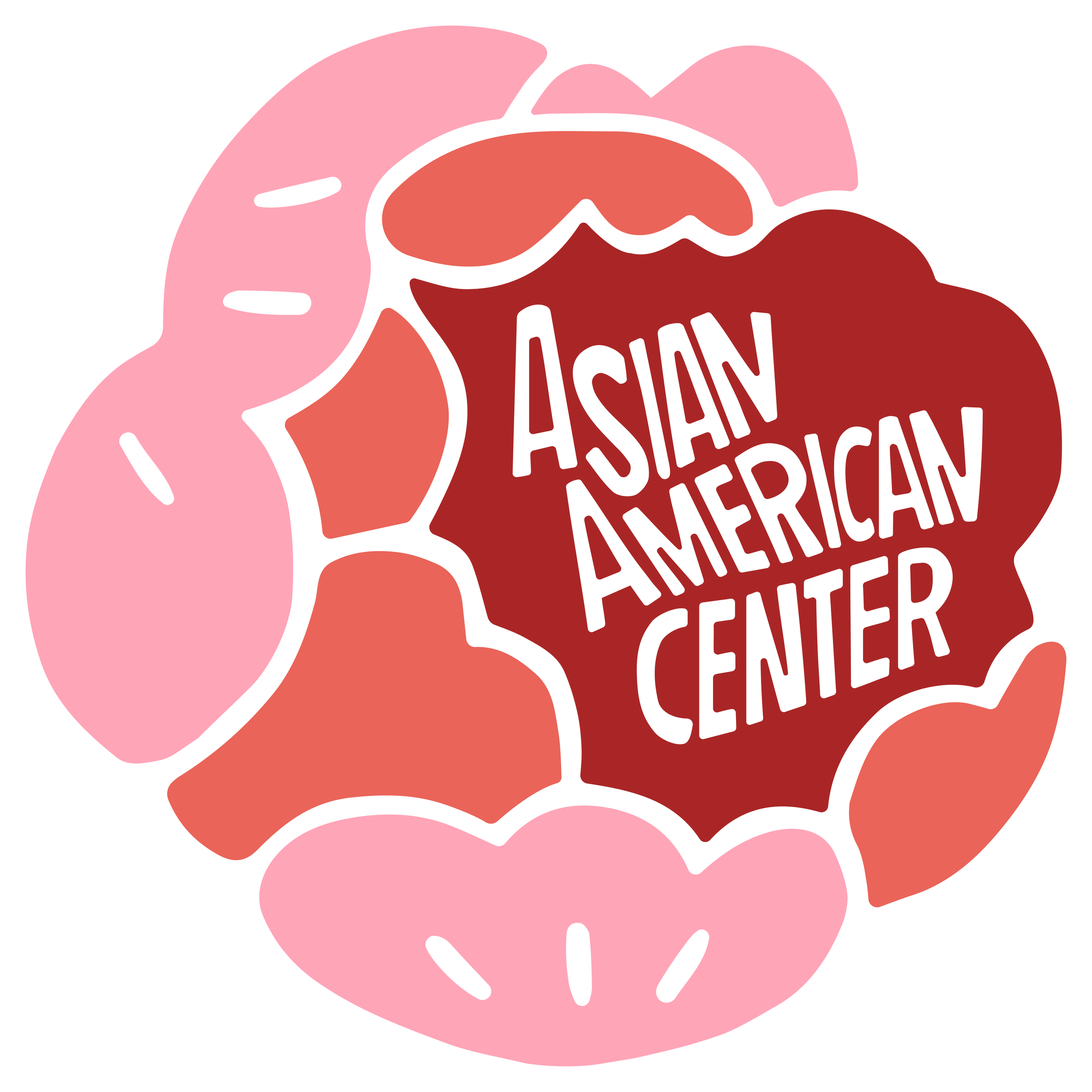 Colorful logo for Asian American Center with pink and red abstract floral shapes surrounding text