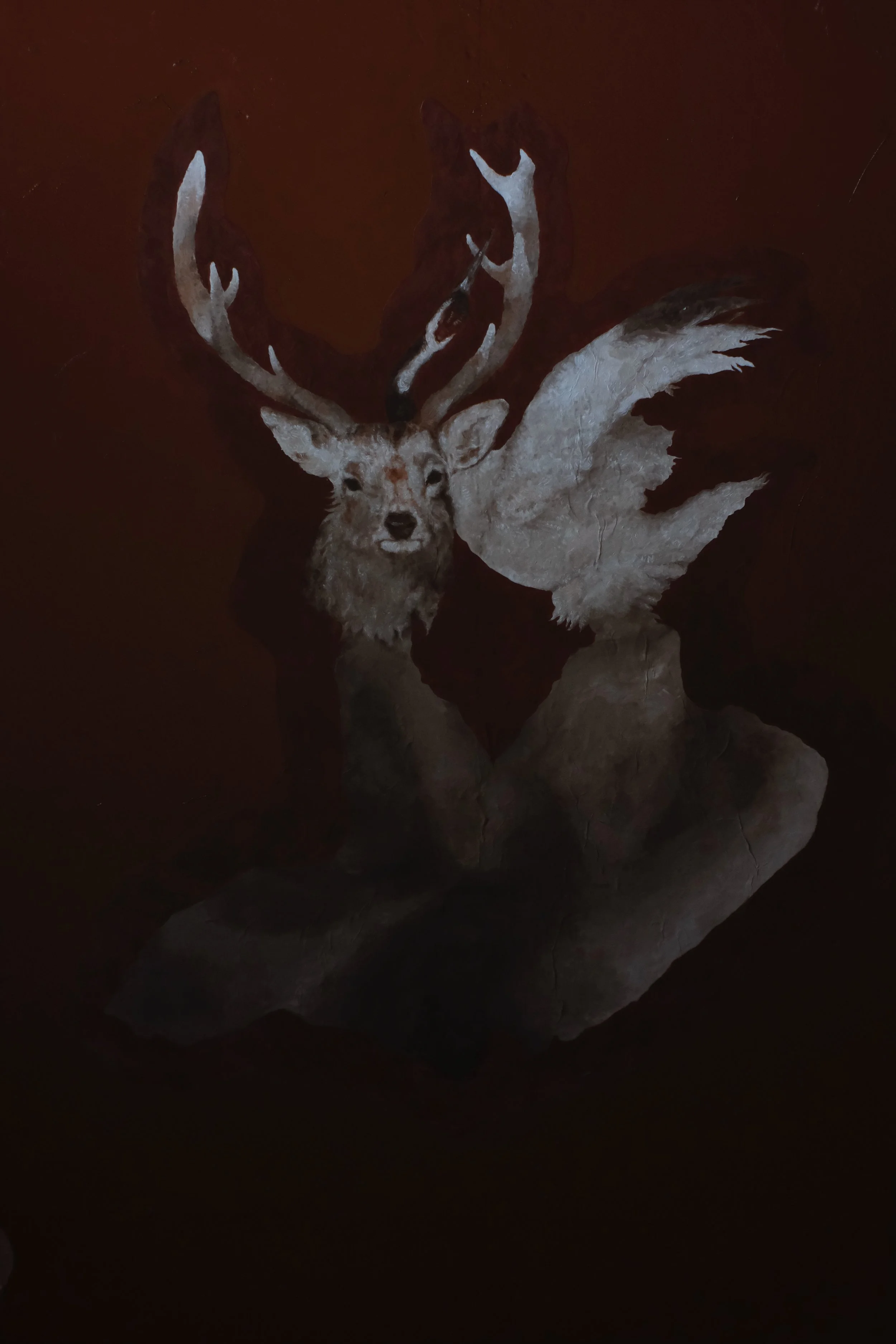 Shika & Tsuru. 2026. Acrylic & Japanese Washi paper on wood panel. 182 x 91 cm.