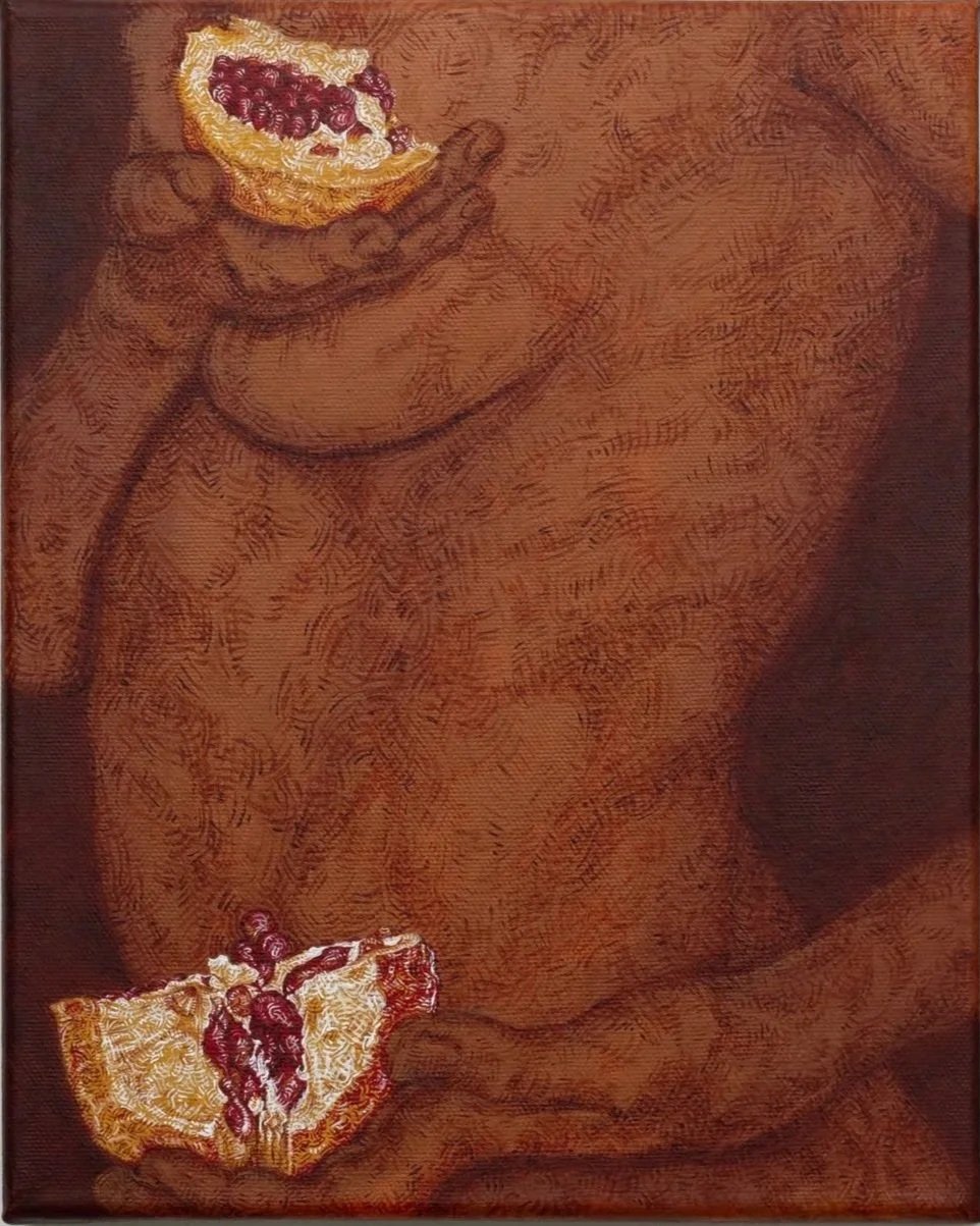 Portrait of Marina: the pomegranate dances, too. 2025. Acrylic on canvas. 30 x 24 cm.