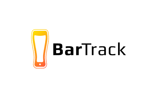 Logo with a stylized beer glass in yellow and orange next to the text 'BarTrack'.