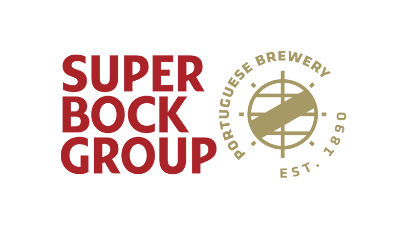 Logo with bold red text reading "SUPER BOCK GROUP" and circular emblem with a crosshair design and text "PORTUGUESE BREWERY EST. 1890" in beige.
