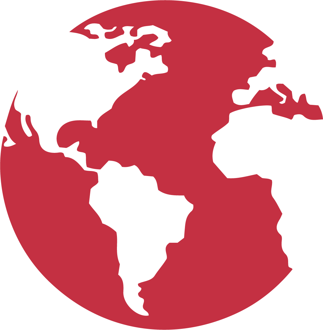 Red and black illustration of a globe showing North and South America, parts of Europe and Africa.