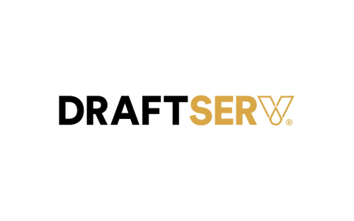 DraftServ logo with text in black and gold on a white background.
