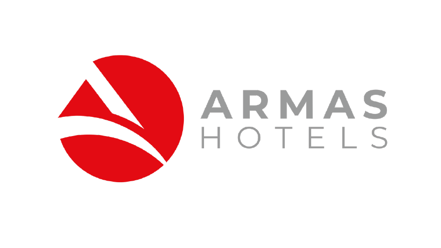 The Armas Hotels logo featuring a red circular graphic with abstract shapes and the company name in gray text.