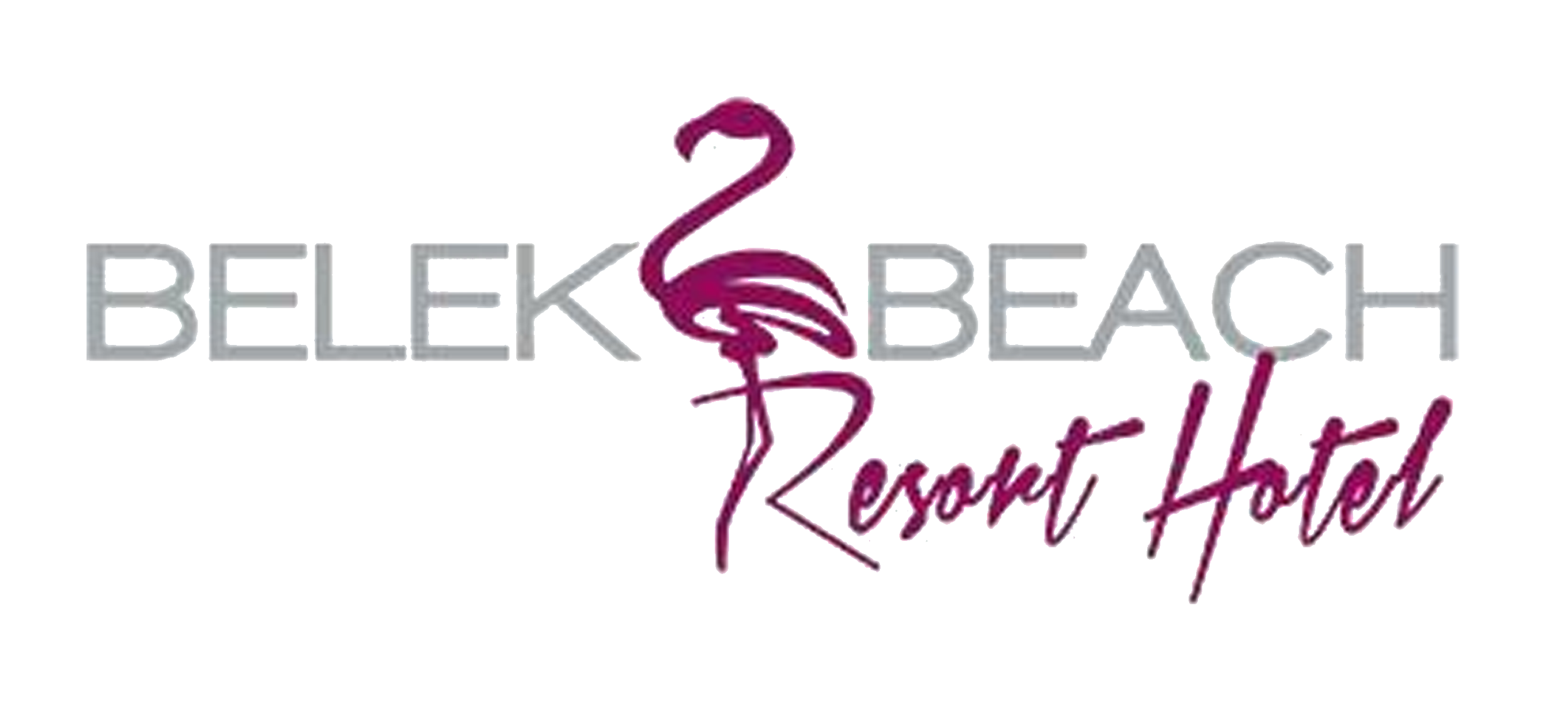 Text logo for Belk Beach Resort Hotel with a stylized purple flamingo.