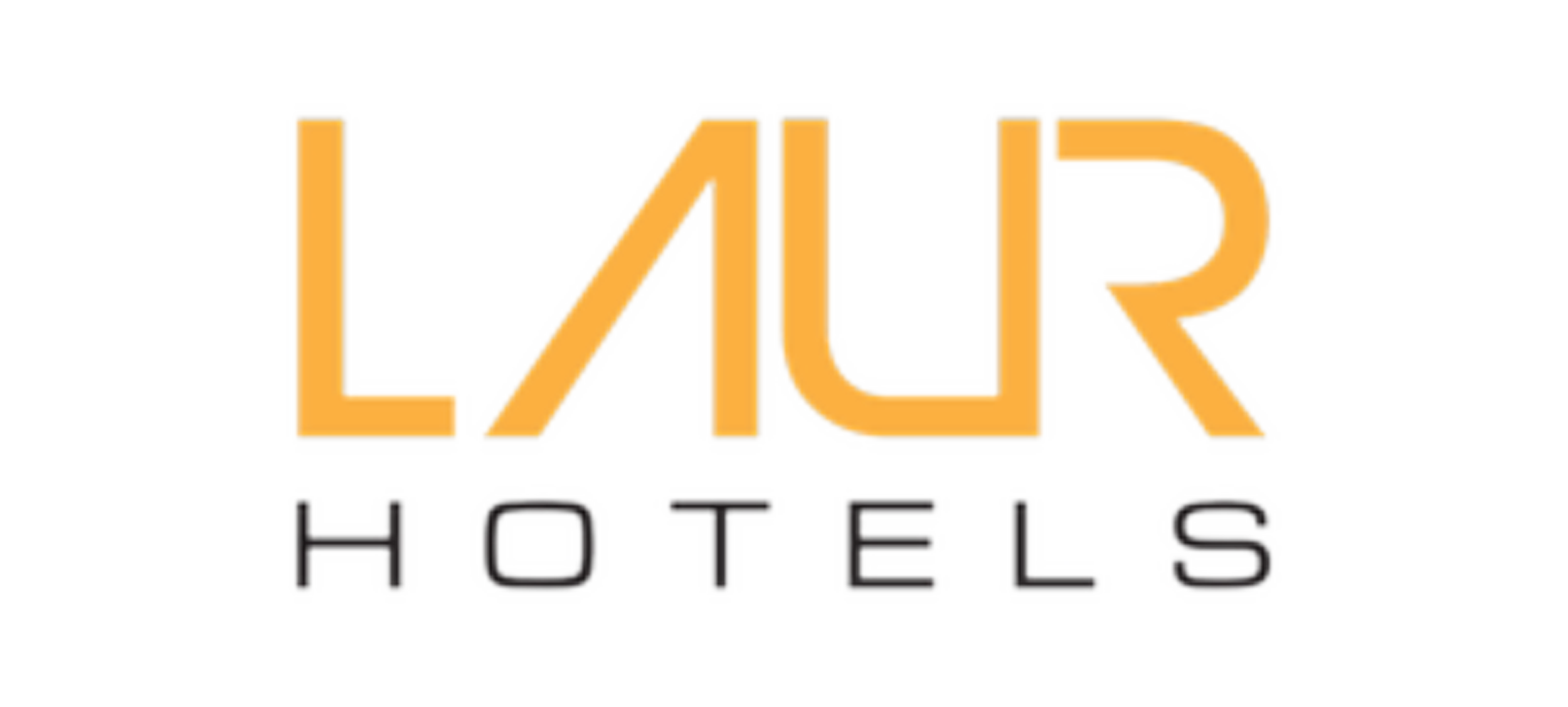 Logo of LaQuar Hotels with the name in large orange and black text on a black background