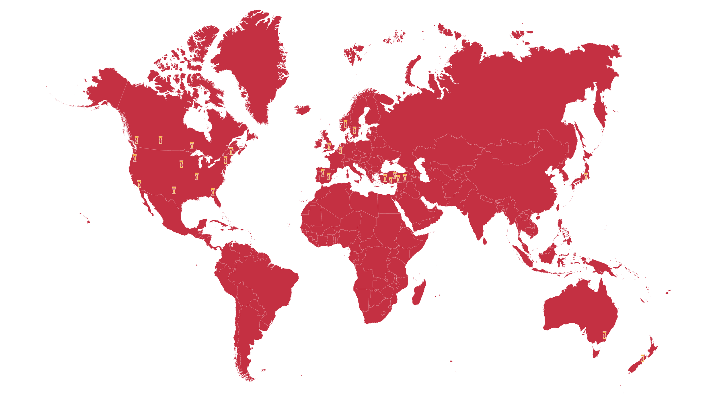 World map with countries highlighted in red and yellow icons of beer mugs indicating beer consumption.