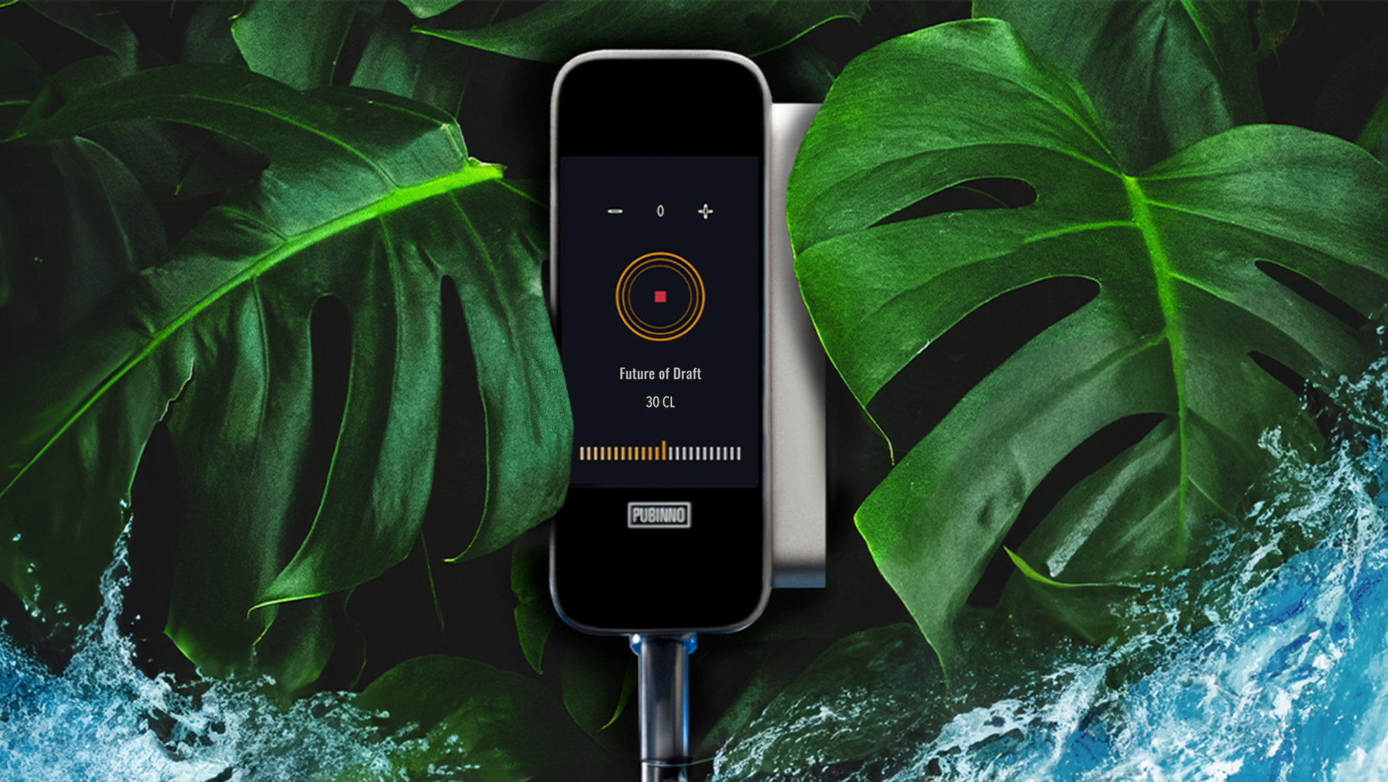 A golf launch monitor device displaying data on a smartphone screen, surrounded by tropical green leaves and splashing water.