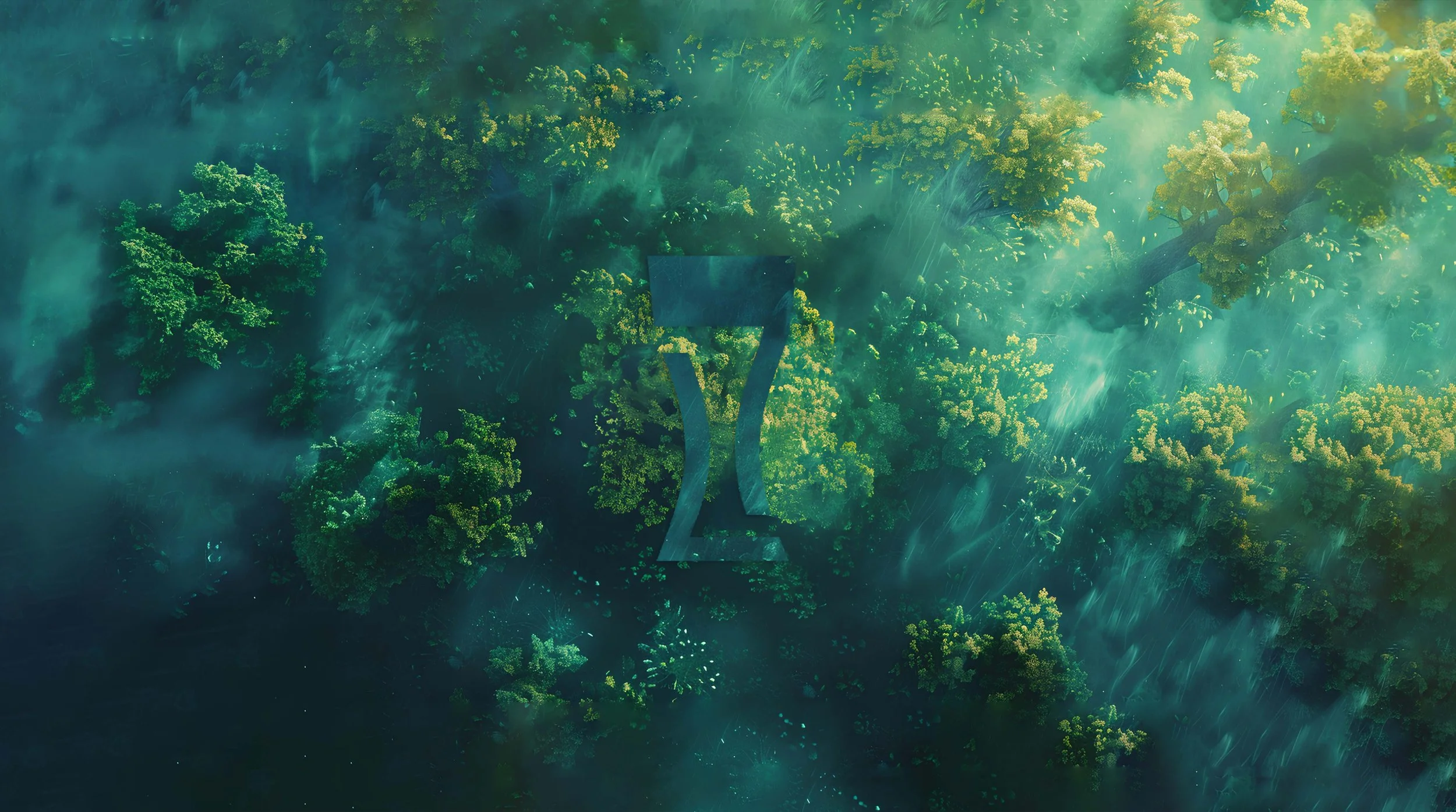 Aerial view of a forest with tall trees and sunlight streaming through, with a large abstract symbol or structure in the middle.