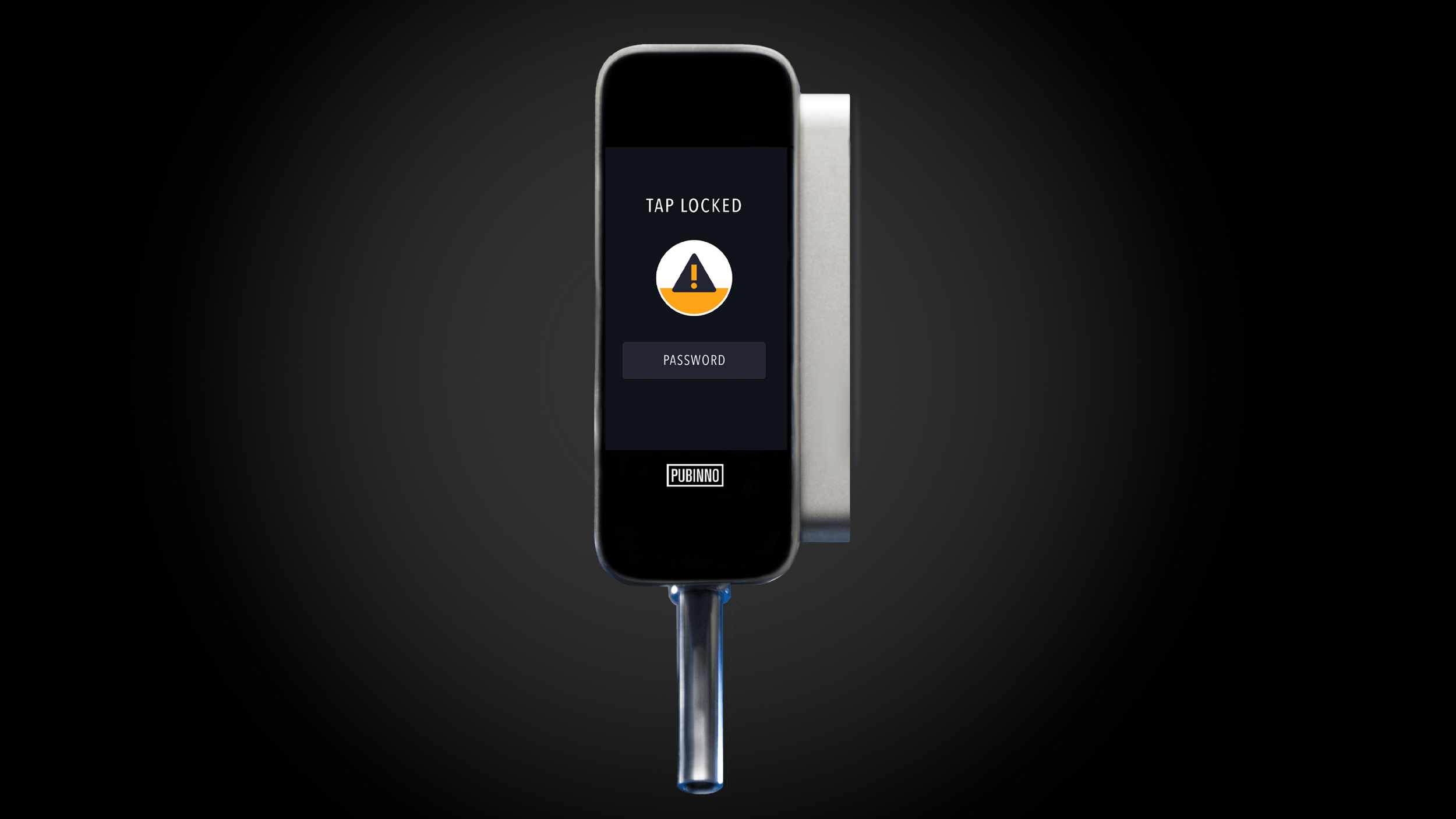Electronic parking meter with a digital display showing 'TAP LOCKED' and a warning icon, against a dark background.