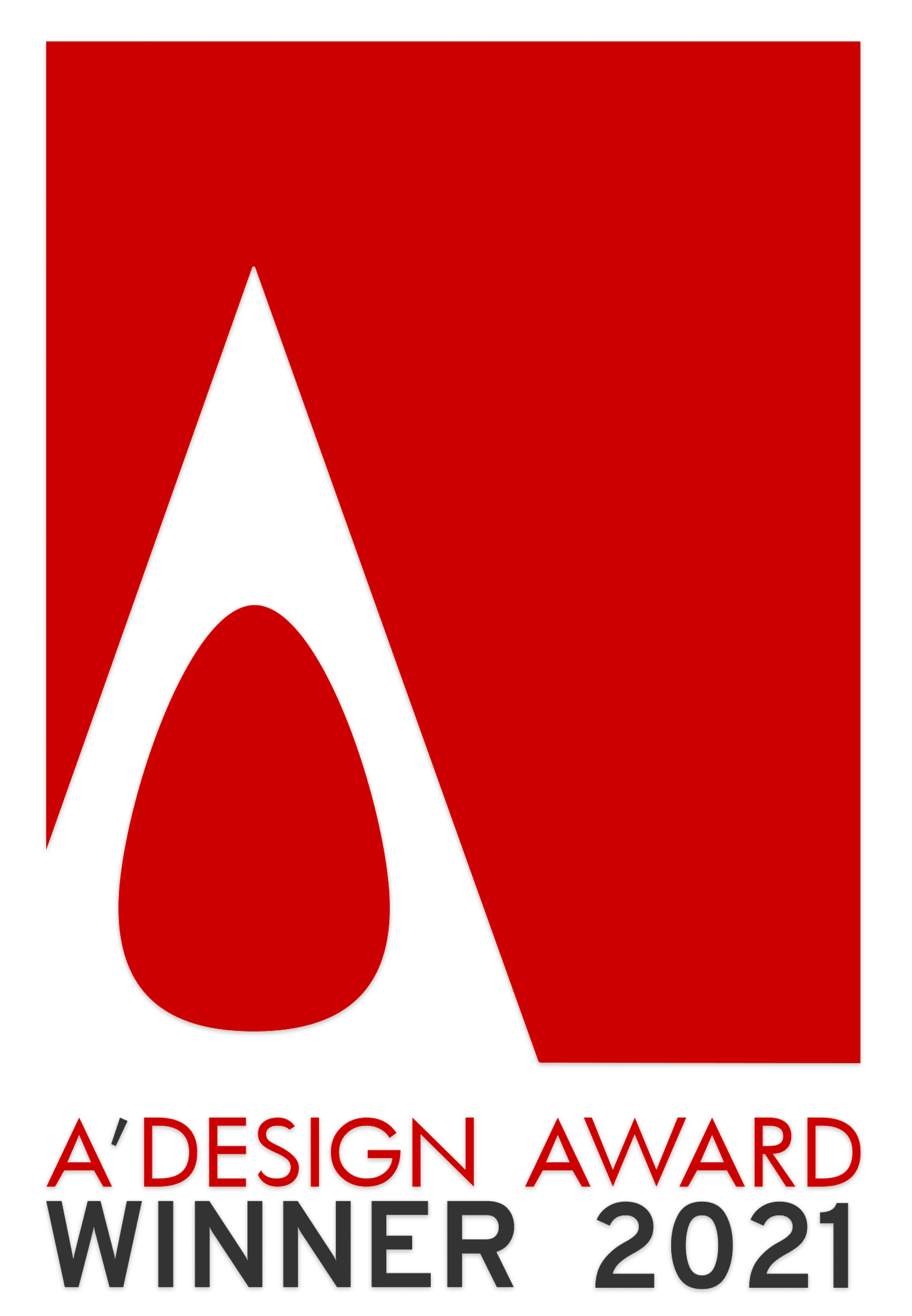 Red background with black and red stylized letter 'A' design, and black, red, and gray text that says "A' DESIGN AWARD WINNER 2021."