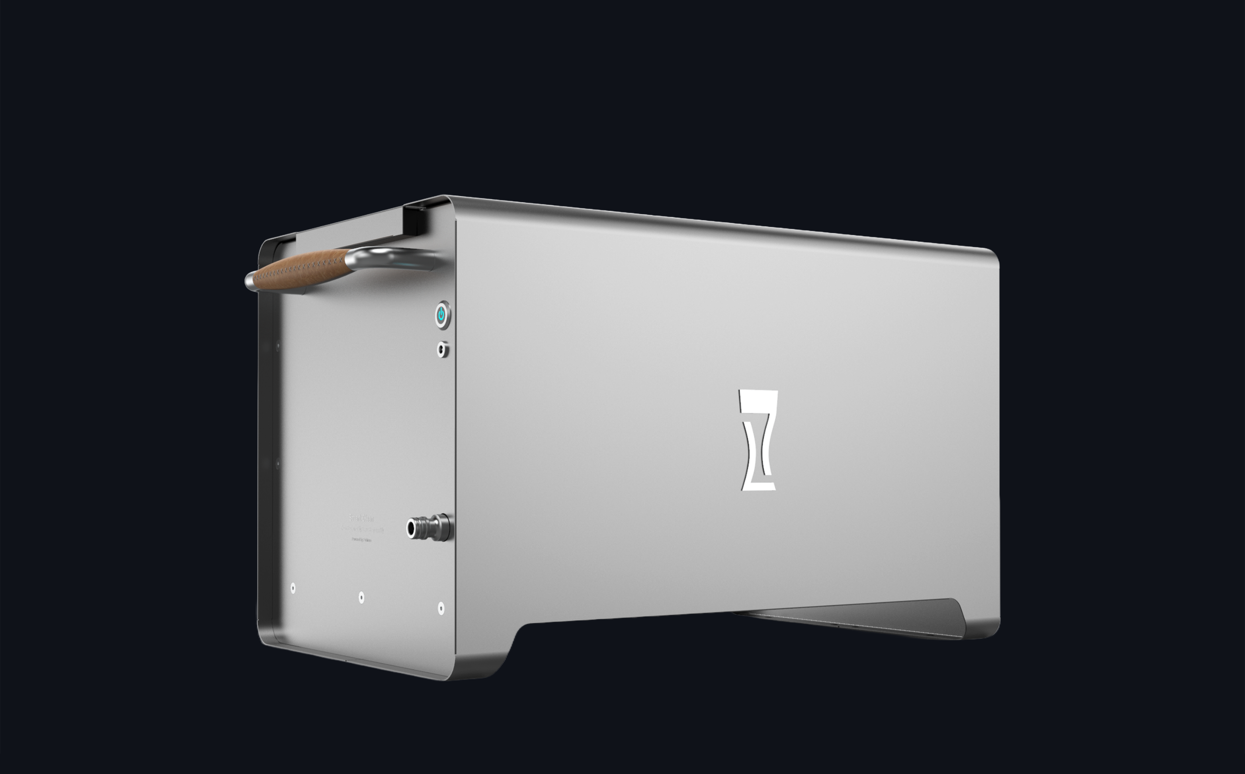 A sleek, silver, rectangular countertop dishwasher with a wooden handle on the left side and a small logo on the front, set against a black background.