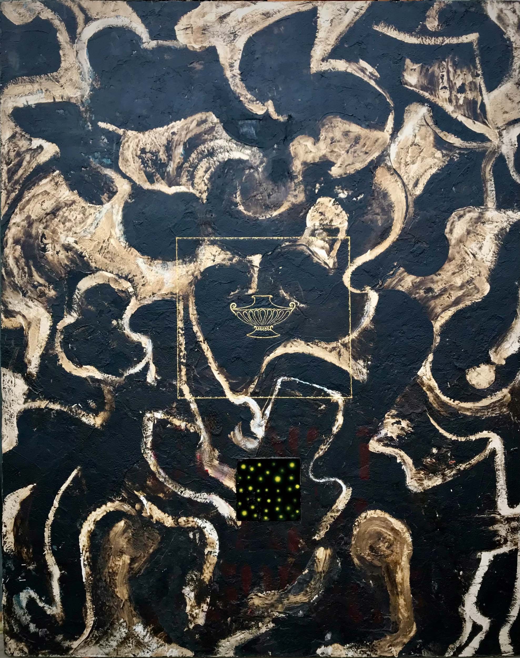 Golden Urn , 48x56, Oil Paint and Tar on Panel