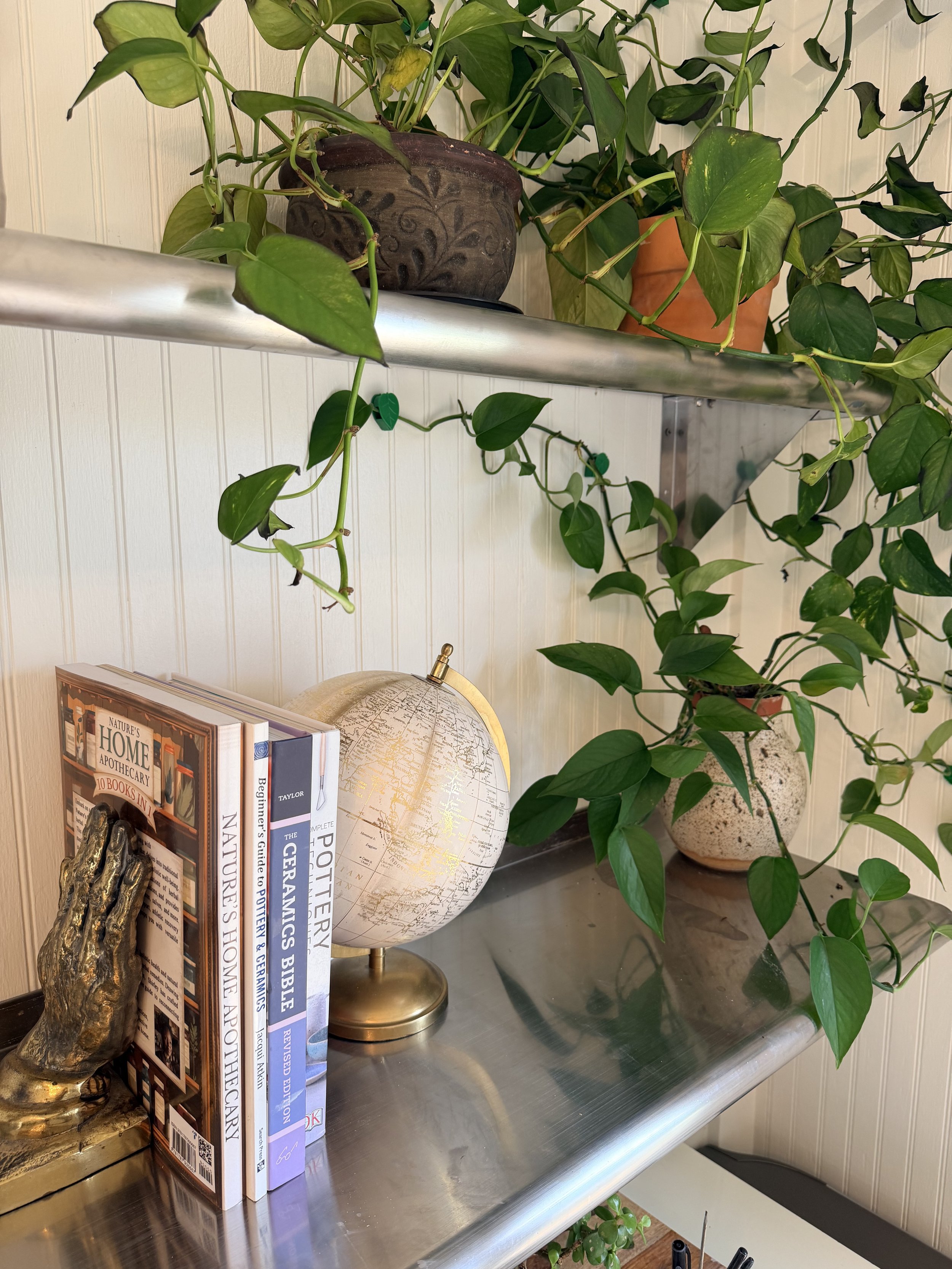 Decorative indoor scene with green potted plants, a collection of books, a globe, a statue, and a lamp on a metallic table against a wall with vertical paneling.