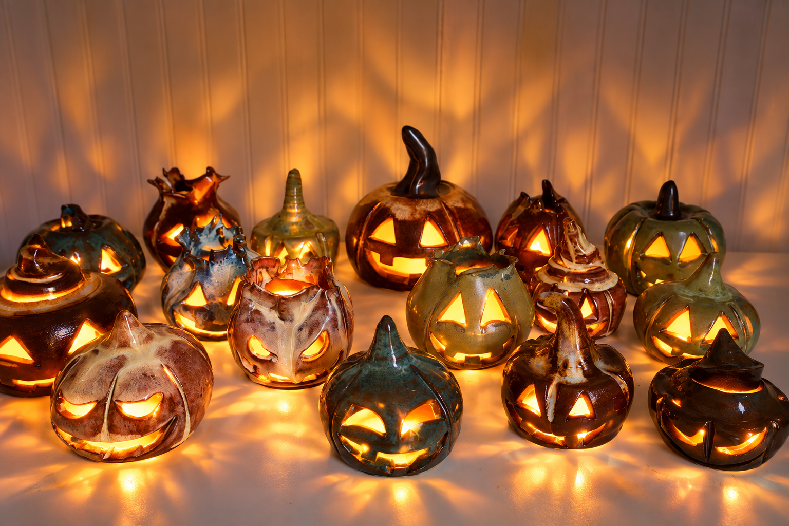 Collection of ceramic Halloween pumpkin lanterns glowing in warm light, with carved faces, arranged on a white surface against a white wood-paneled wall.