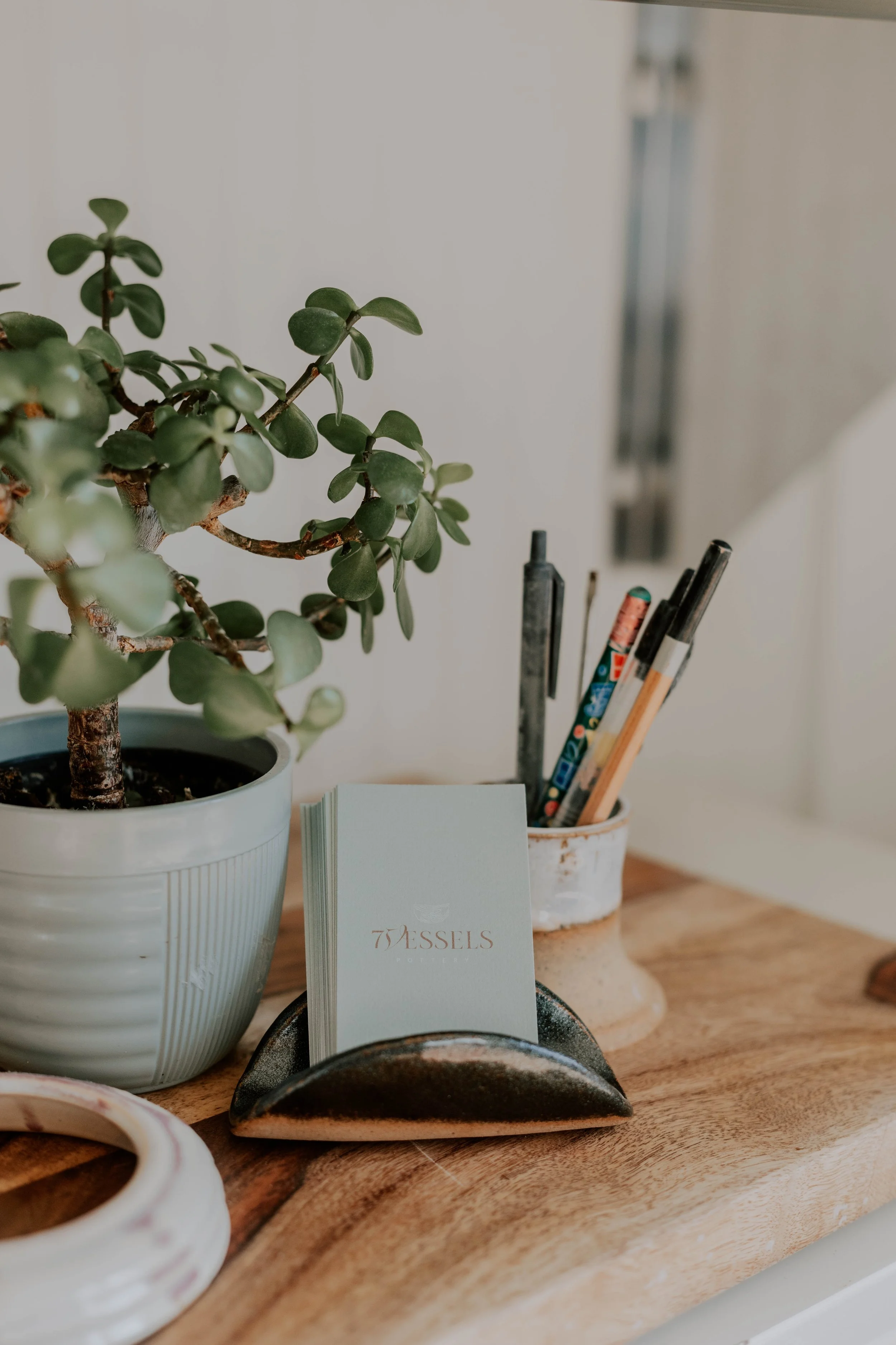 A potted jade plant with thick, oval green leaves sits on a wooden table next to a white container holding several black and colorful pens. A small stack of white cards with '7VESSELS' printed on them is positioned in front of the plant. In the background, a white wall and a blurred framed picture are visible.