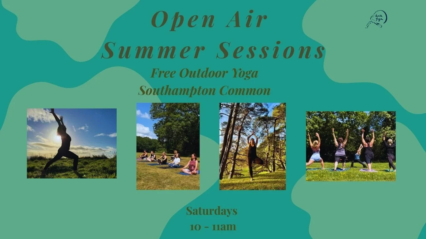 Flyer for outdoor yoga sessions with images of people practicing yoga outdoors in various poses, with green and teal background and text indicating free sessions on Saturdays from 10 to 11 am in Southampton Common.