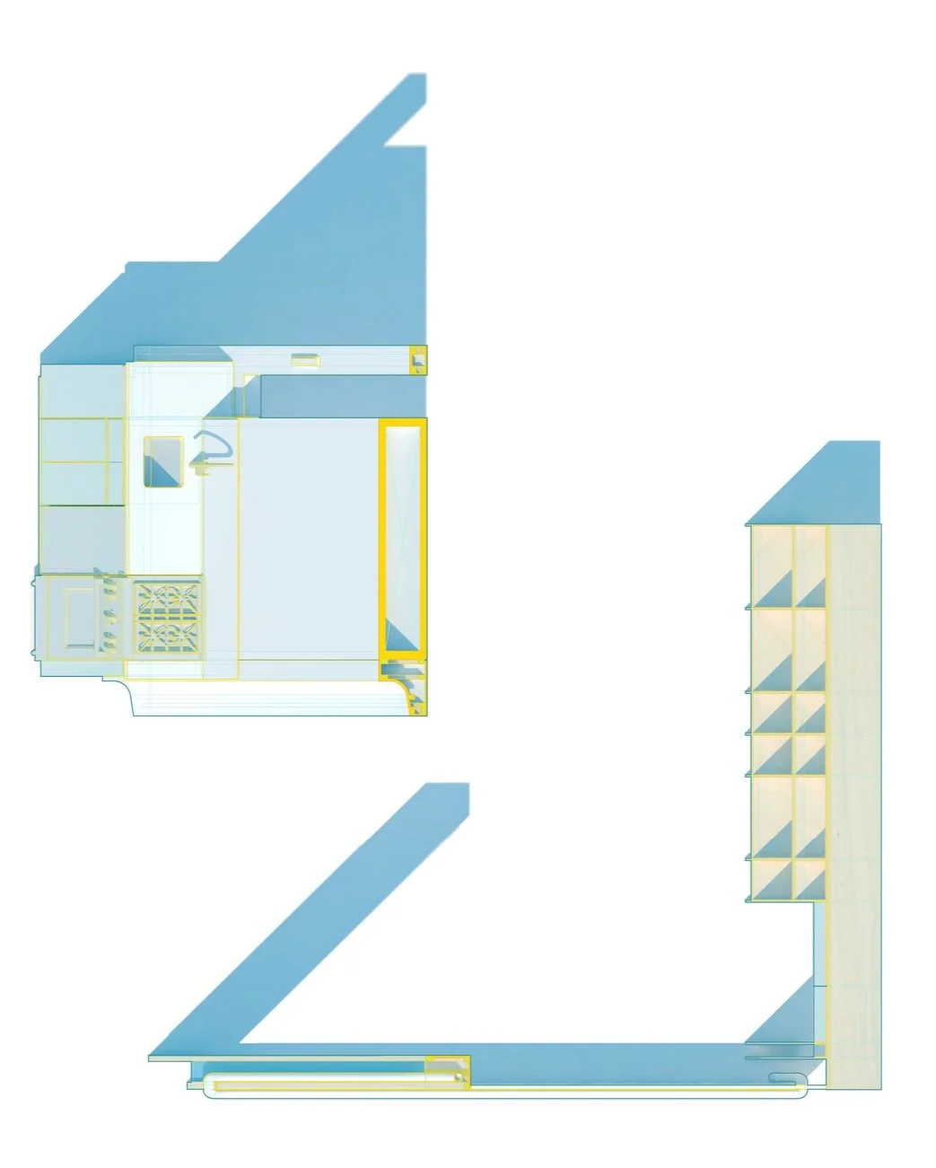 Axonometric plan diagrams of Harlem Studio kitchen showing cabinetry layout and counter configuration in simplified blue and yellow linework.