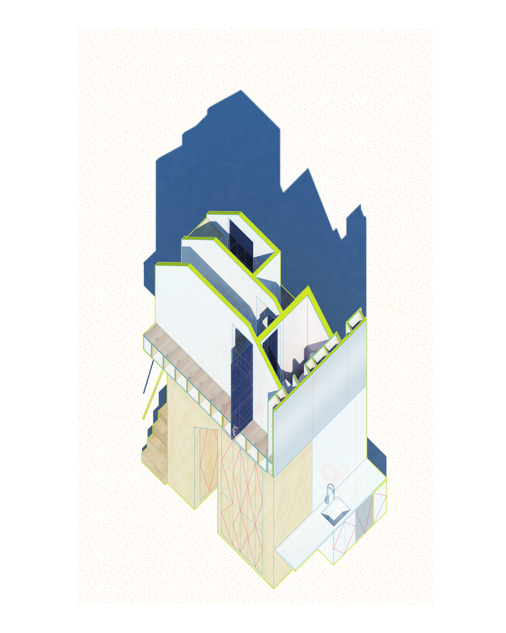 Axonometric cutaway drawing of Double Stair House showing stair circulation, room partitions, and structural framing.