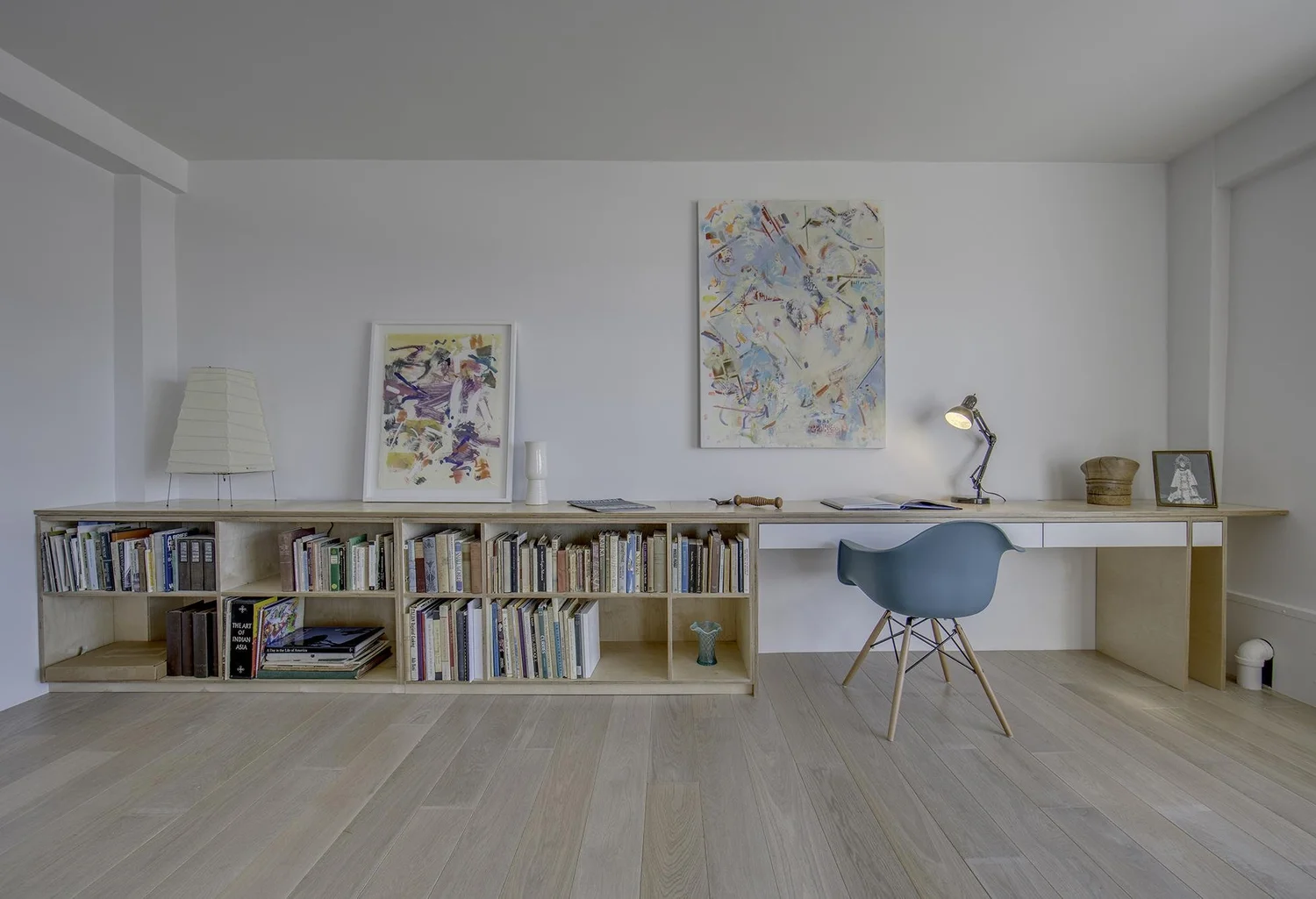 harlem studio, desk and long bookshelf