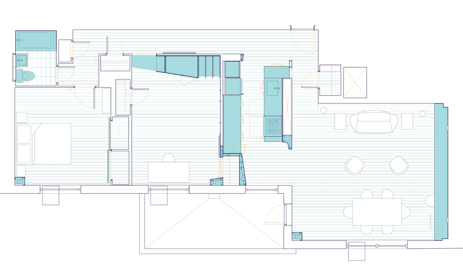 Architectural floor plan of Harlem Studio apartment highlighting the layout of living, kitchen, bathroom, and integrated storage areas.
